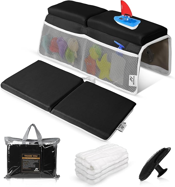 Baby Bath Kneeler & Elbow Rest Pad – Extra Thick Foam Pads for Comfort | Non-Slip, Machine Washable with Mesh Pockets & Suction Cups | Bonus Baby Brush & Washcloth – Thoughtful Gift for New Parents
