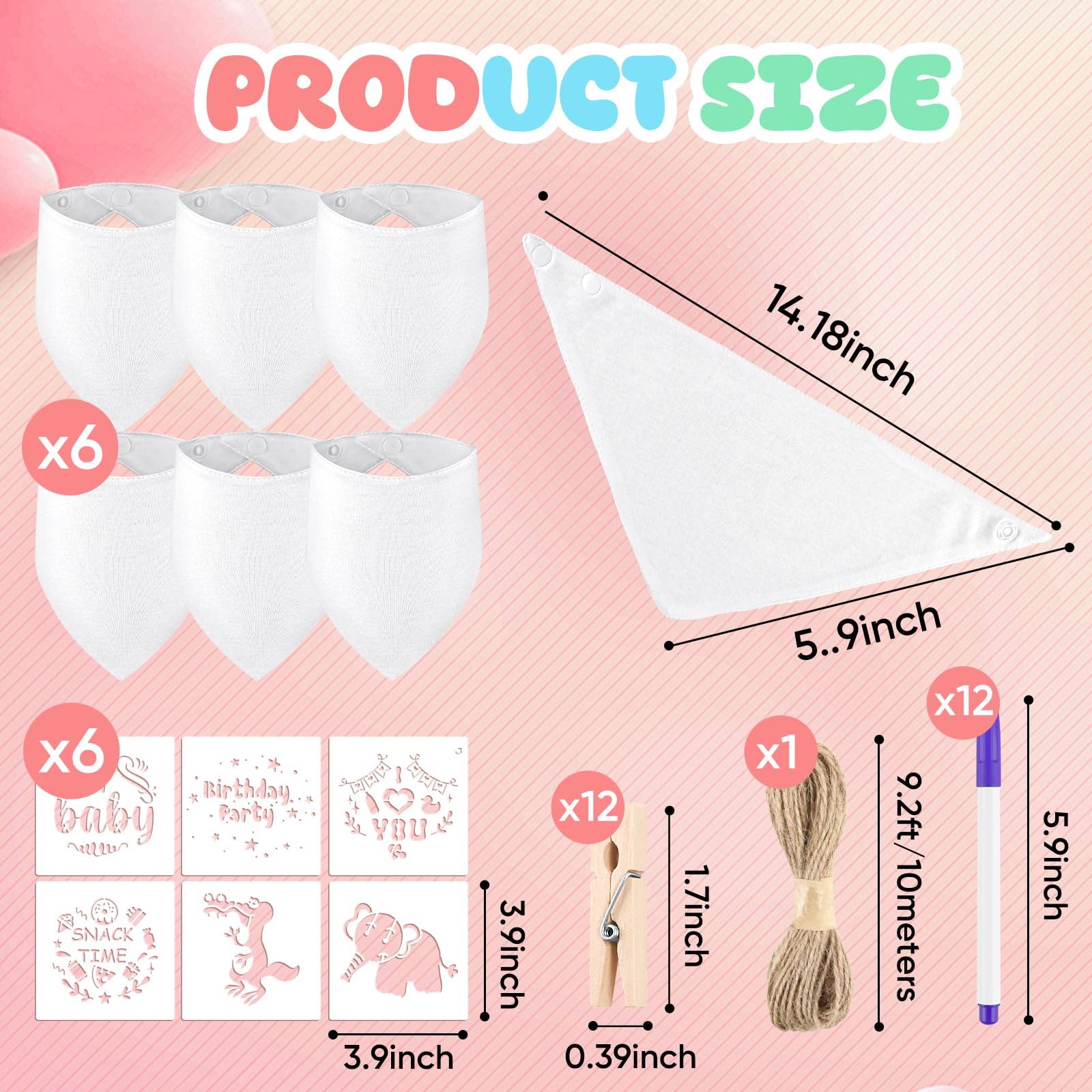 NACHLYNN 37 Pcs White Baby Bibs Baby Shower Games Set Including 6 Blank Baby Bibs 6 Stencils 12 Clothespins 12 Fabric Markers 1 Hemp Rope for Boys Girls Gender Reveal Party