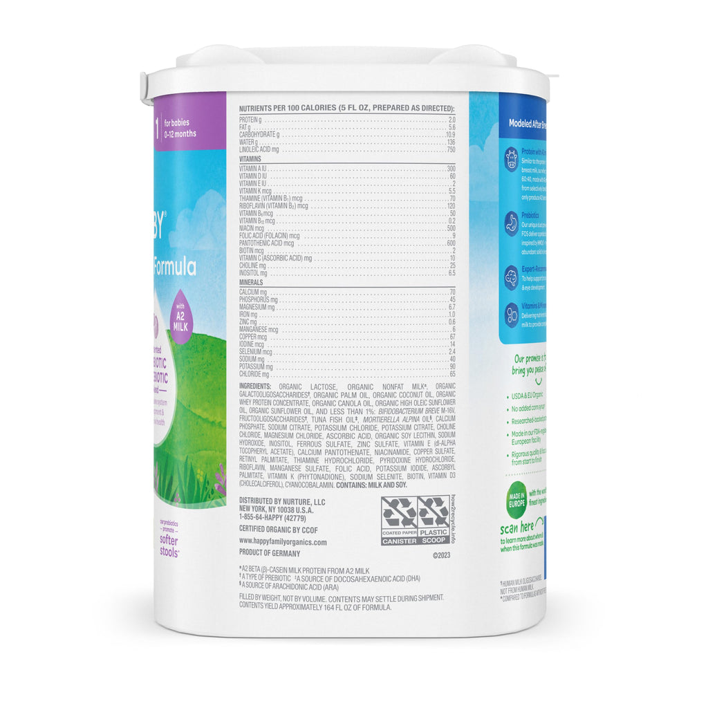 HAPPY BABY Stage 1 A2, 0-12 Months, Organic Infant Formula, 22.9oz (1 Pack)