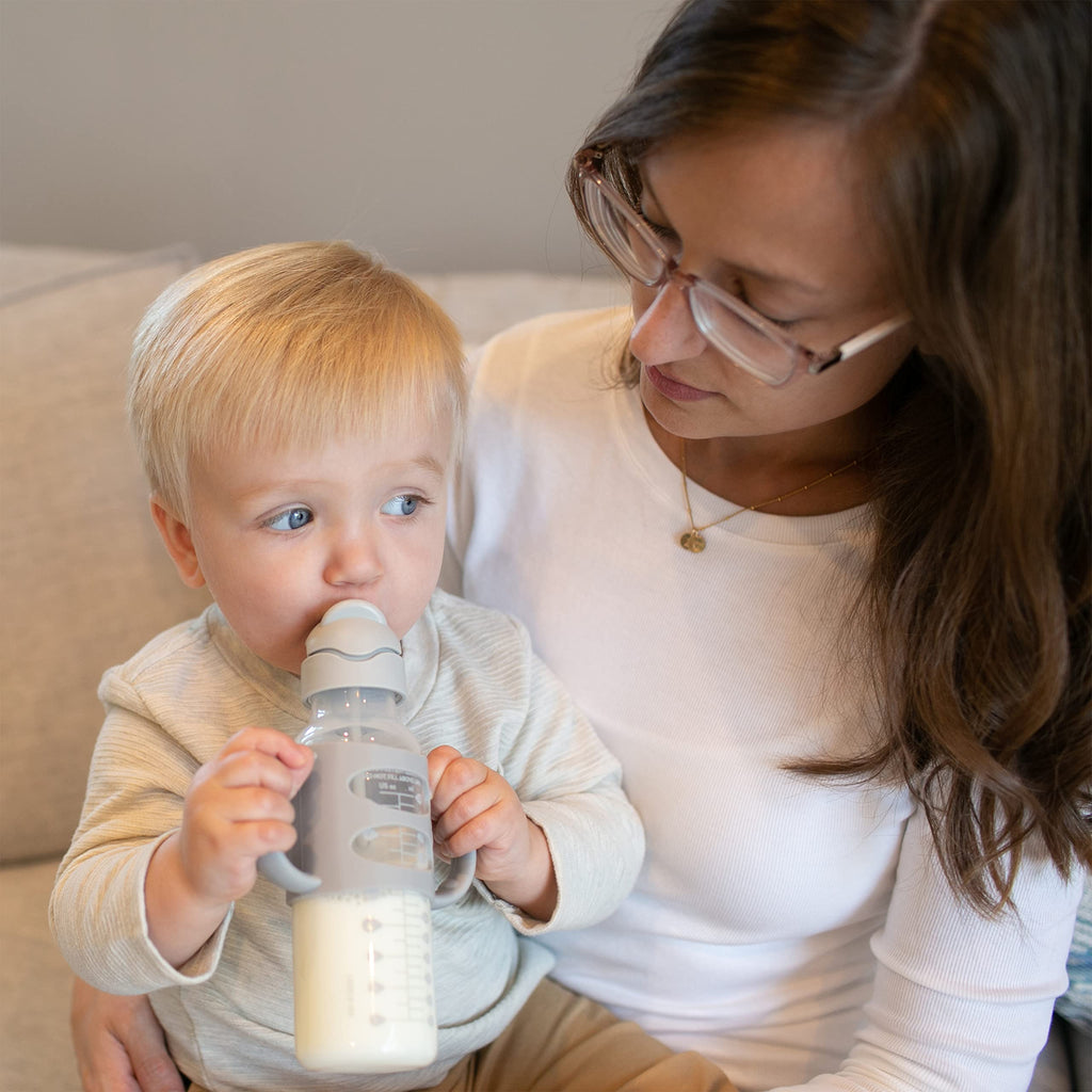 Dr. Brown's Milestones Narrow Sippy Straw Bottle, Spill-Proof with 100% Silicone Handles and Weighted Straw, 8 oz/250 mL, Gray/Pink, 6m+