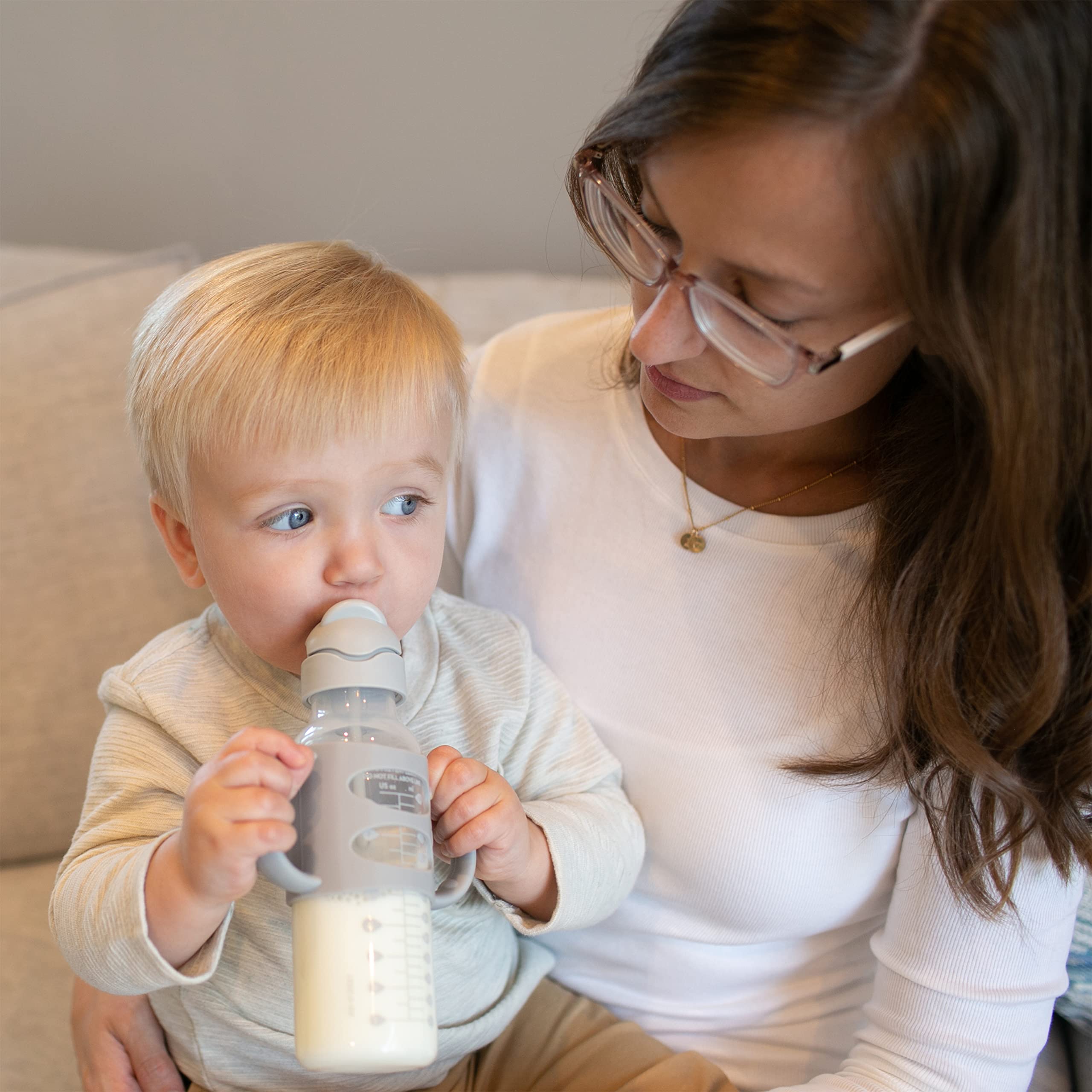 Dr. Brown's Milestones Narrow Sippy Straw Bottle, Spill-Proof with 100% Silicone Handles and Weighted Straw, 8 oz/250 mL, Gray/Pink, 6m+