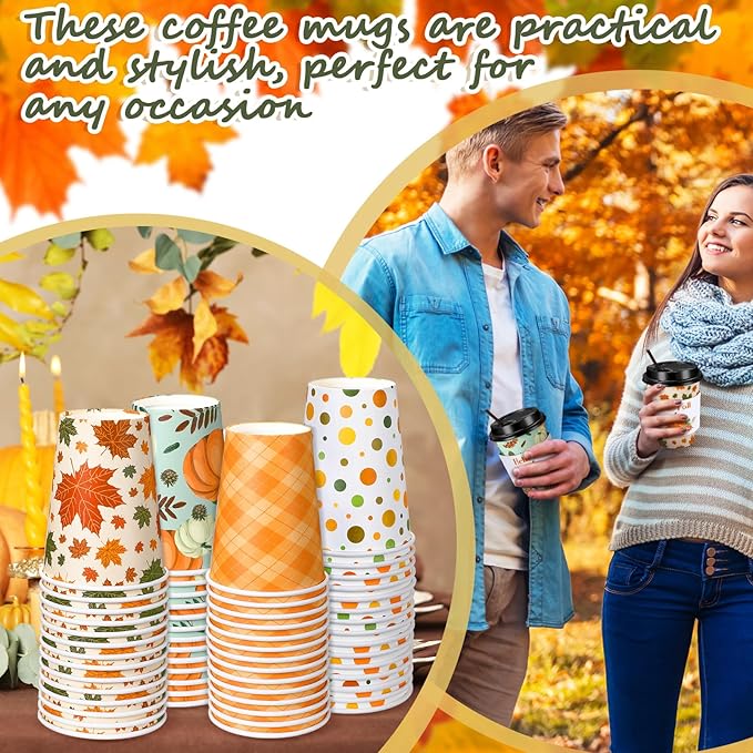 Lallisa 100 Sets Fall Thanksgiving Coffee Cup Bulk with Lid Disposable 12 oz Fall Hot Cups Paper and Sleeves Straws, Autumn Drinking Supplies for Holiday Party(Stylish Style)