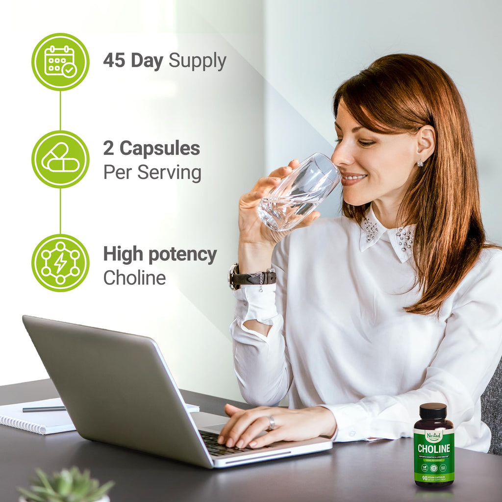 Nested Naturals Choline Bitartrate 500mg Per Serving - High Potency Choline Supplements - Supports Prenatal Maternal & Fetal Health During Pregnancy* - 100% Vegan & Non-GMO - 2-Pack (180 Capsules)