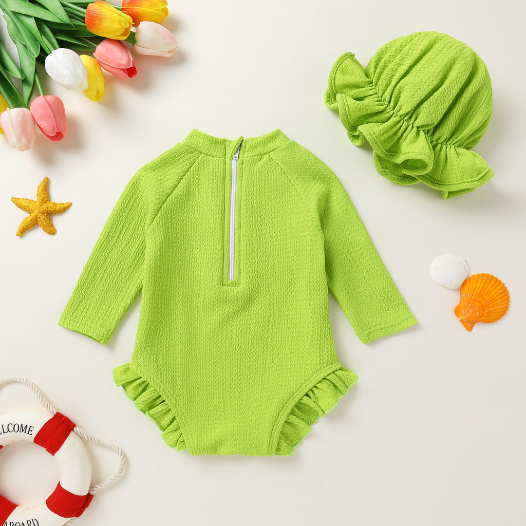 YOUNGER TREE Infant Baby Girls Swimsuit Long Sleeve Swimsuits One Piece Swimsuit Solid Color Bathing Suit with Hat