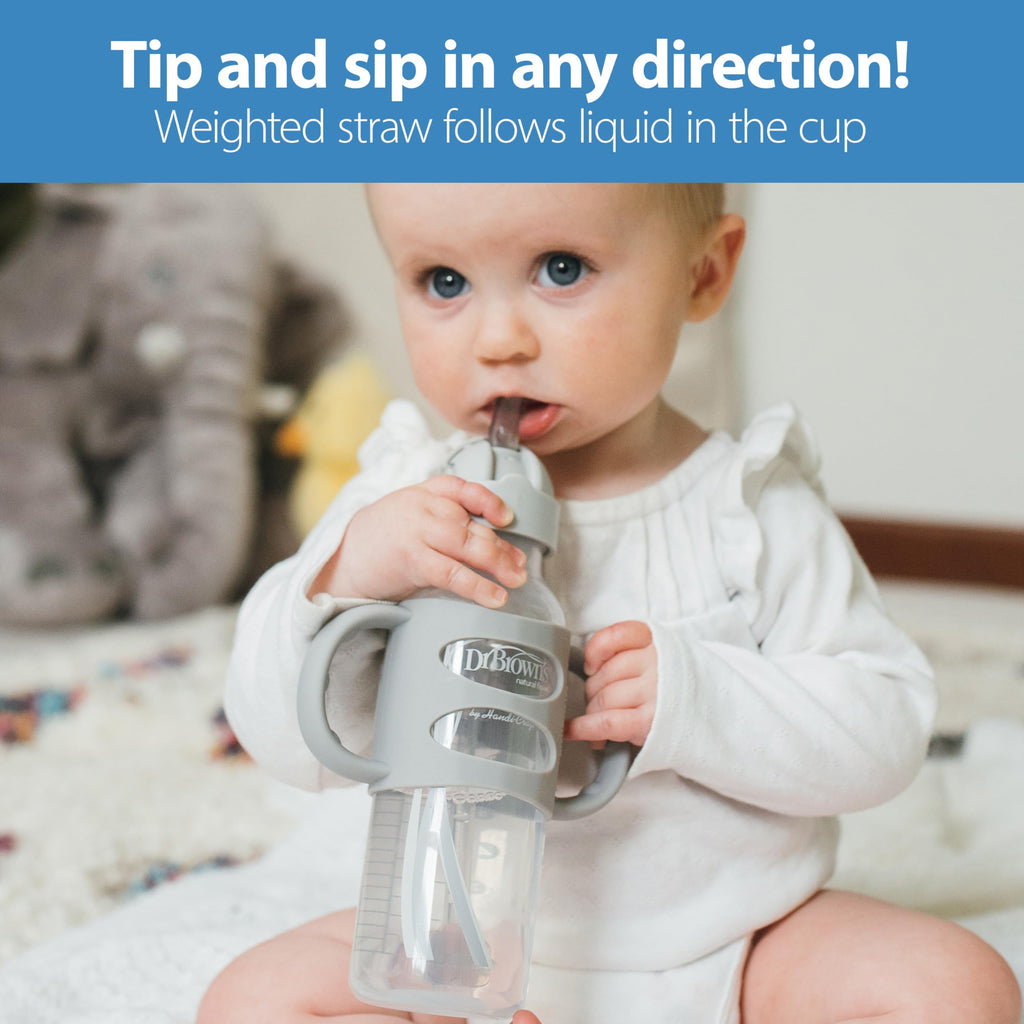 Dr. Brown's Narrow Sippy Straw Bottle with Handles, Gray & Blue, 2-Pack