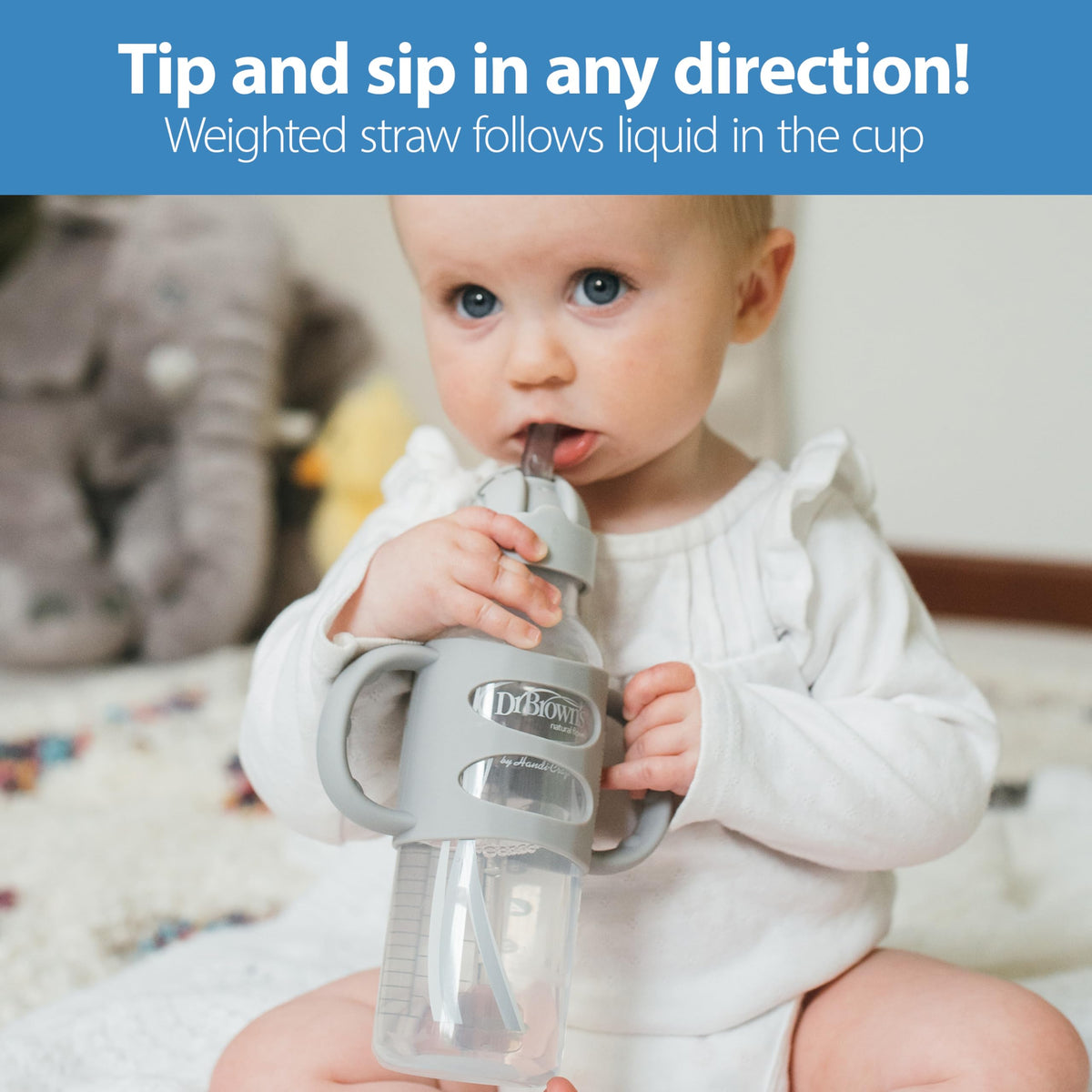 Dr. Brown's Narrow Sippy Straw Bottle with Handles, Gray & Blue, 2-Pack
