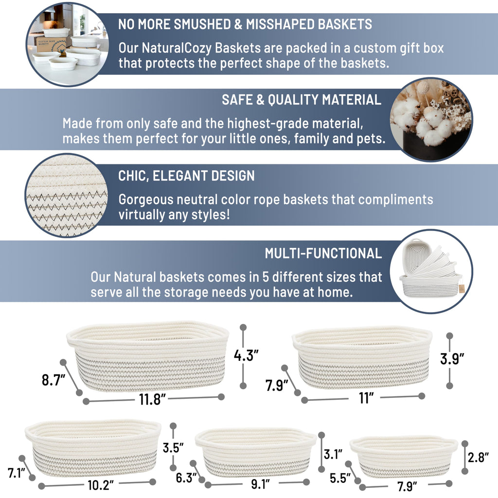 NaturalCozy 5-Piece Rectangle Storage Basket Set- Natural Cotton Rope Woven Baskets for Organizing! Small Basket for Montessori, Baby Nursery, Dog Toy Baskets, Cat Toy Box, Bathroom Organization Bin