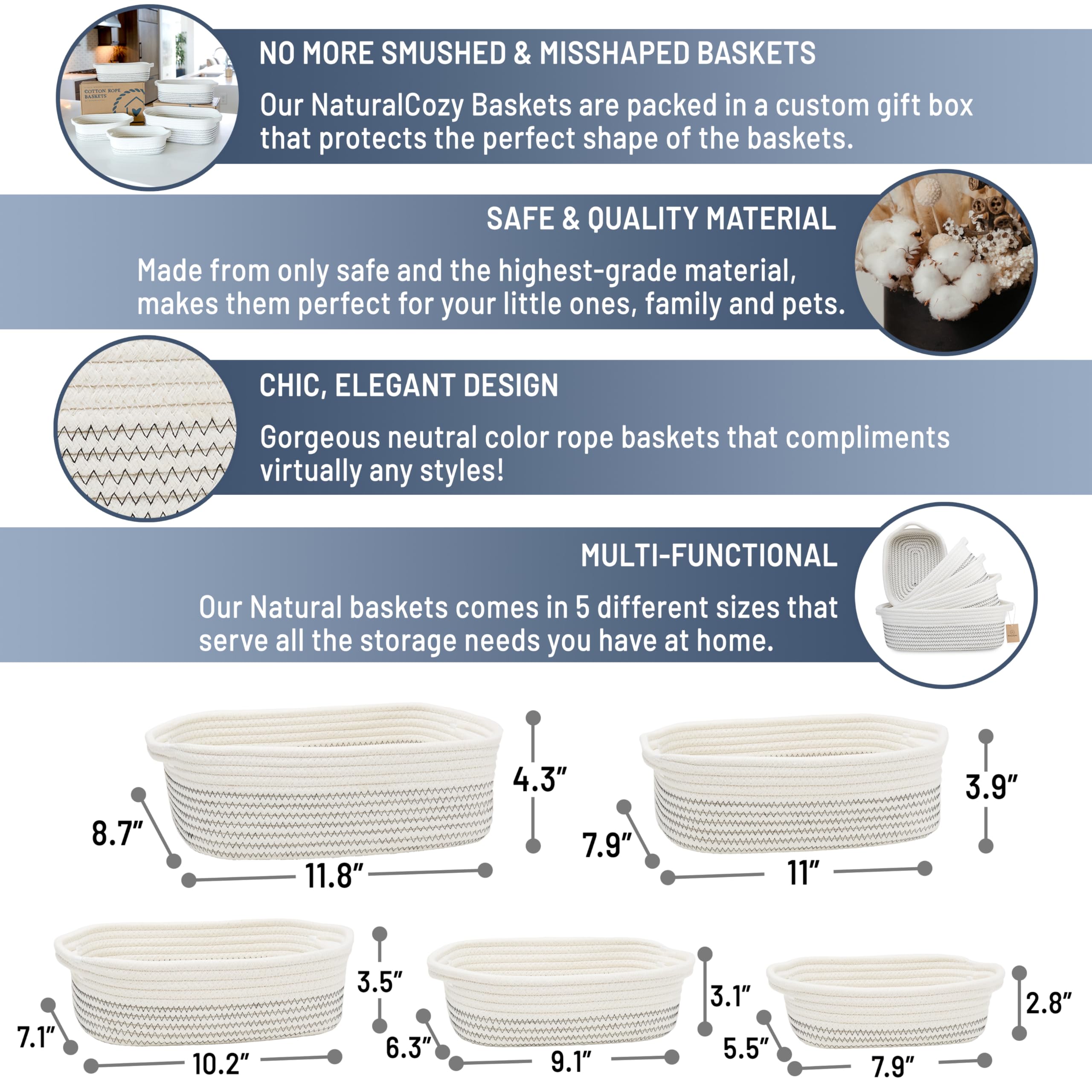 NaturalCozy 5-Piece Rectangle Storage Basket Set- Natural Cotton Rope Woven Baskets for Organizing! Small Basket for Montessori, Baby Nursery, Dog Toy Baskets, Cat Toy Box, Bathroom Organization Bin