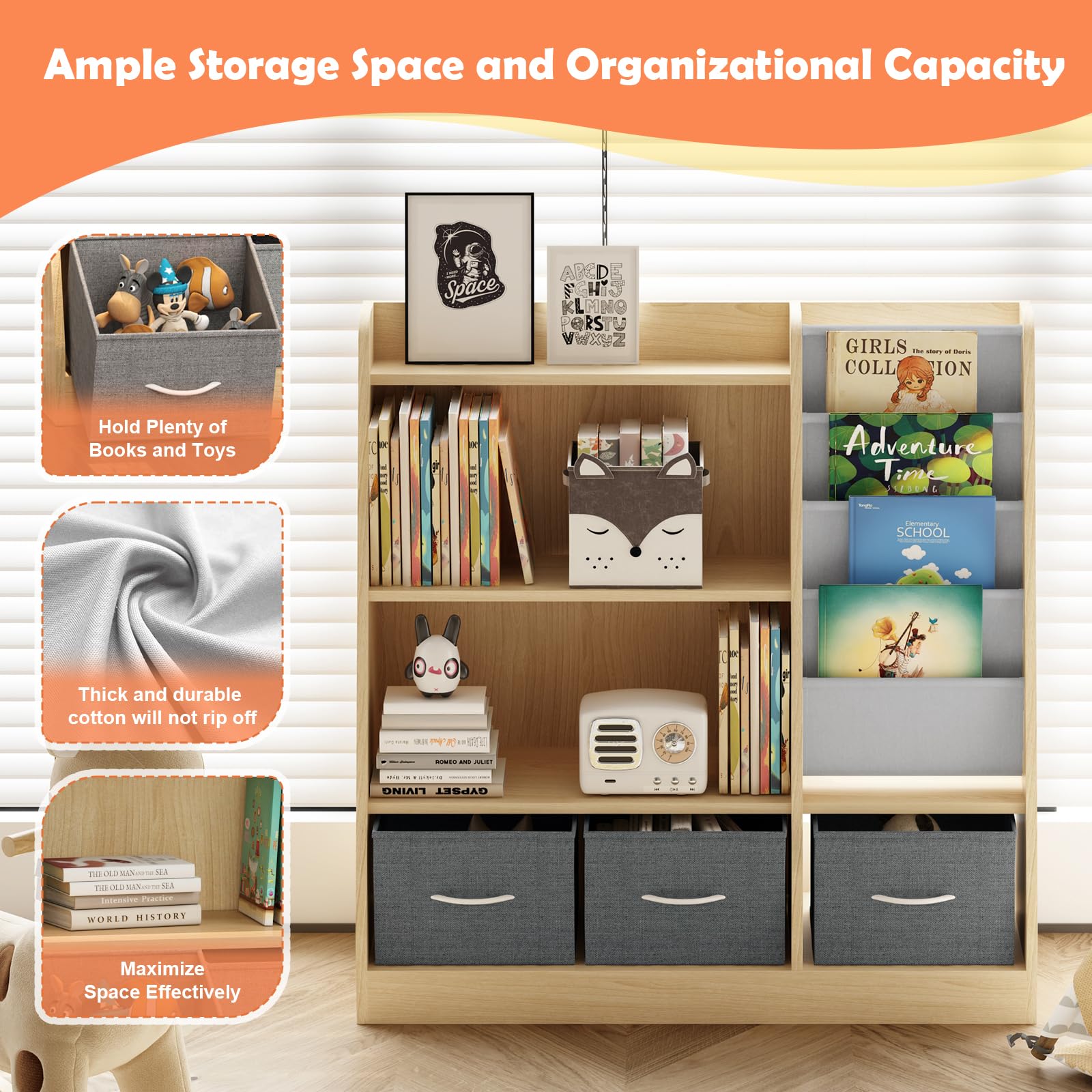 HedoAjim Kids Bookshelf Wood Montessori Toy Storage Organizer Cabinet Shelf Child Bookcase Toddler Baby Sling Book Rack 3 Cube Bin Fabric Drawers for Playroom Bedroom Nursery School