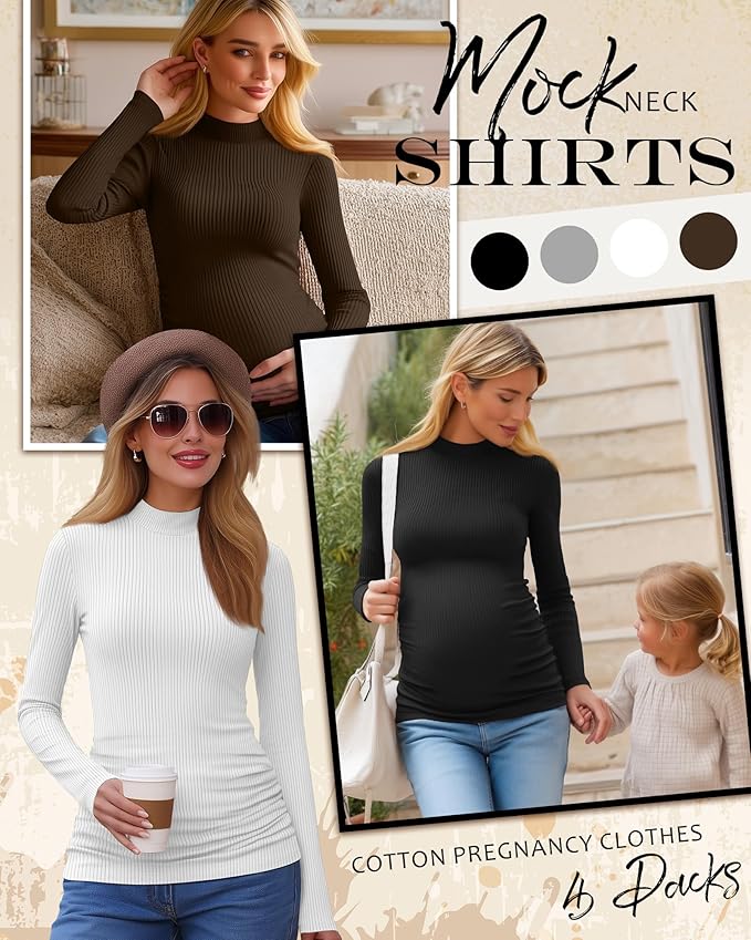 4 Packs Womens Maternity Shirts Long Sleeve Cotton Ribbed Pregnancy Mock Neck Side Ruched Workout Tops for Mama