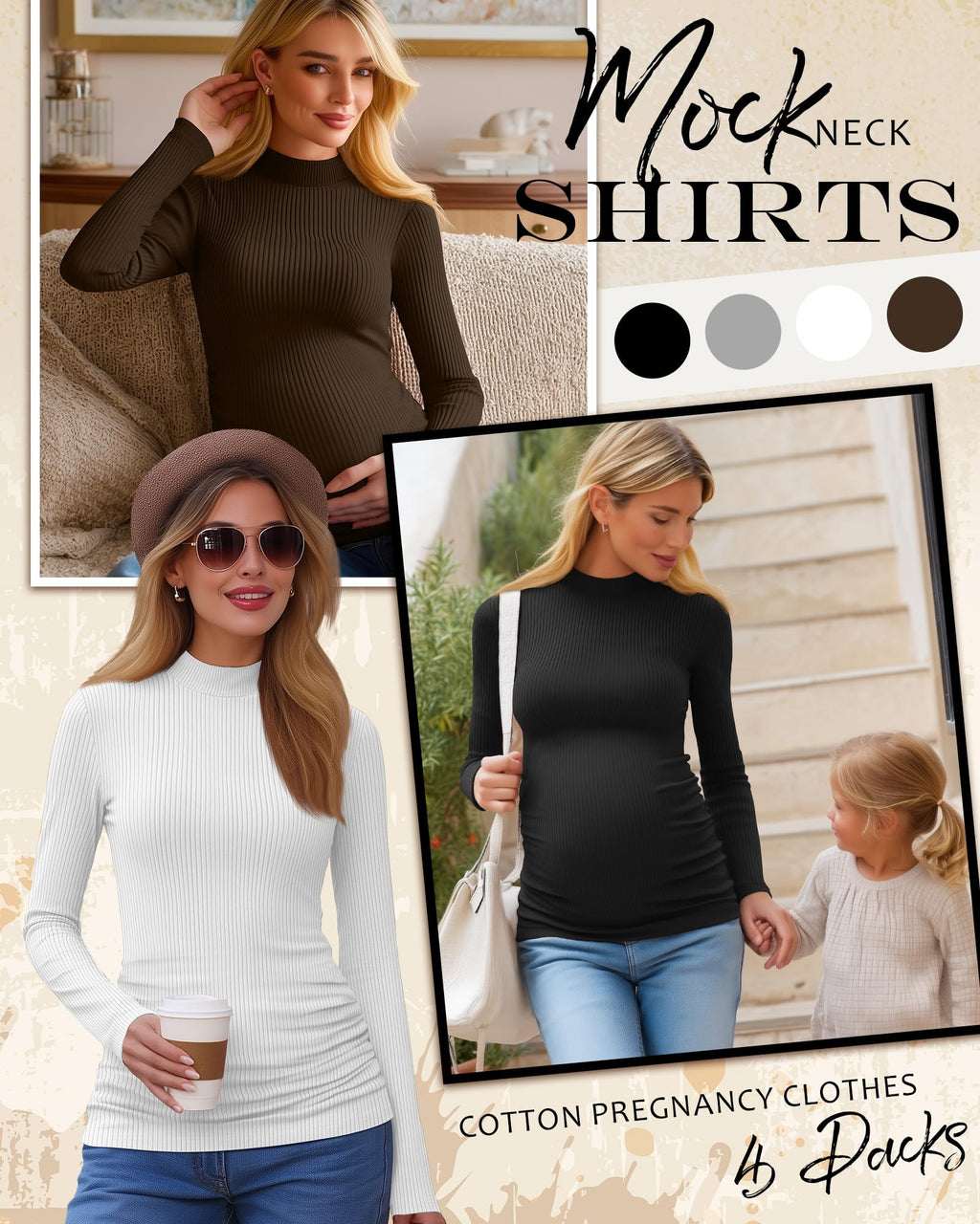 Oakgarden 4 Pack Women Long Sleeve Maternity Shirts, 4-Color, X-Large