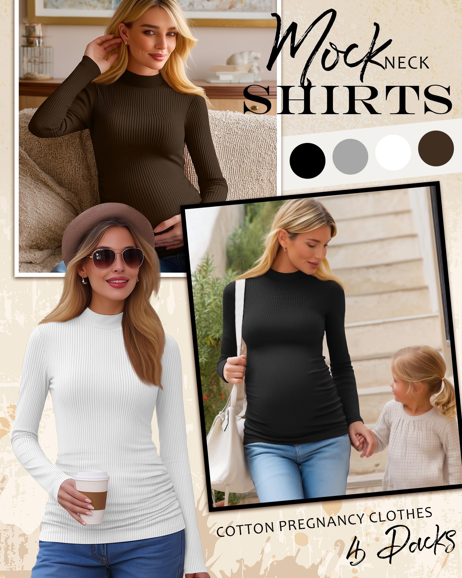 Oakgarden 4 Pack Women Long Sleeve Maternity Shirts, 4-Color, X-Large