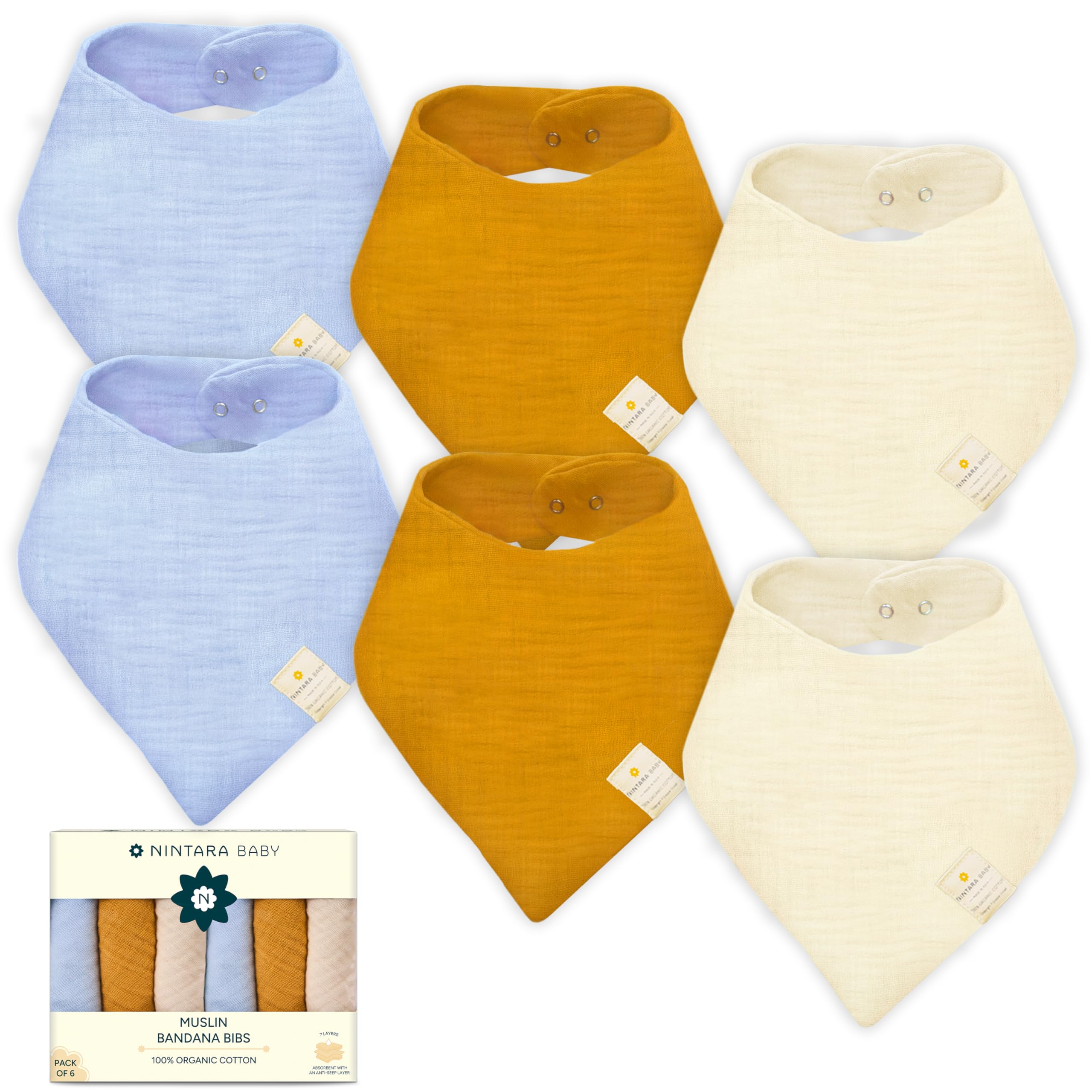 NINTARABABY Bandana Bibs – 100% Organic Muslin Cotton, Pack of 6