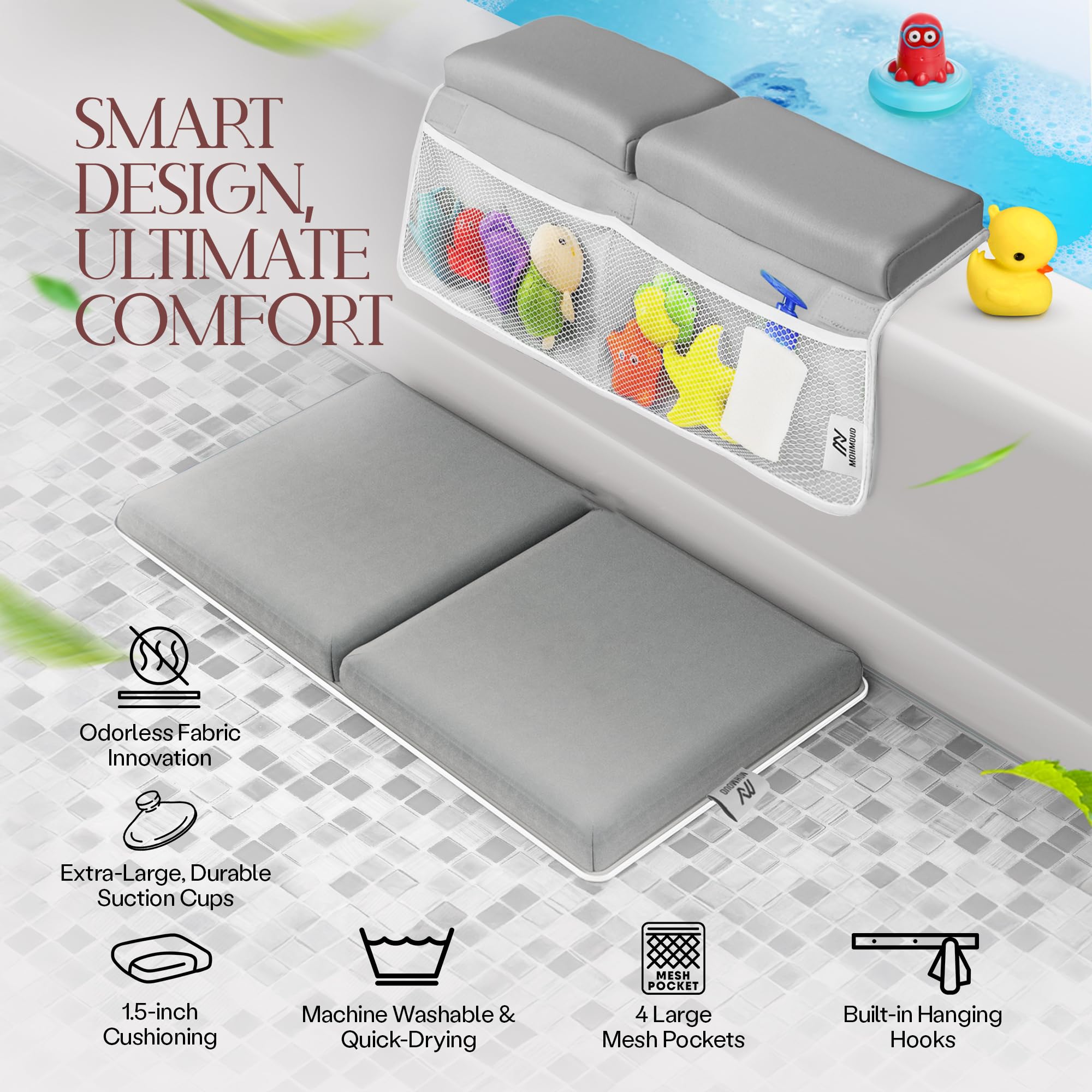 Mohmoud Comfortable Baby Bath Kneeler and Elbow Rest Pad Set — Kneeling Pad for Bathing Baby, Relieves Knee and Elbow Pain, Non-Slip Bathtub Kneeling Pad with Toy Organizer, Bonus Brush and Washcloth