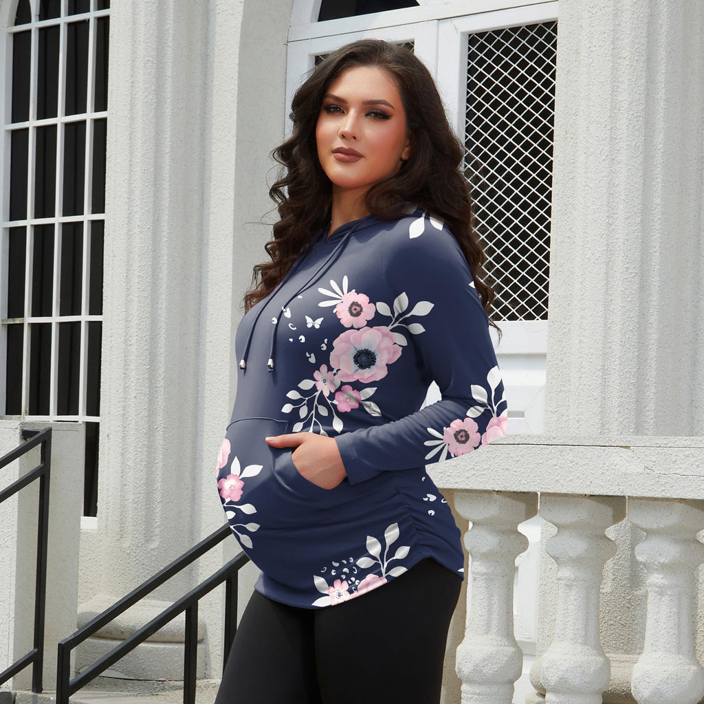 Women's Maternity Hoodie Sweatshirt Long Sleeves Maternity Tops Casual Clothes,Blue with Pink Flower,Small