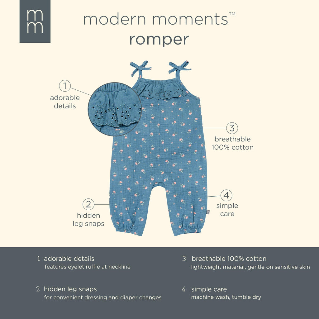 Modern Moments by Gerber Baby Girls' Sleeveless Ruffle Romper, Dark Teal Aster Flower, 6-9 Months