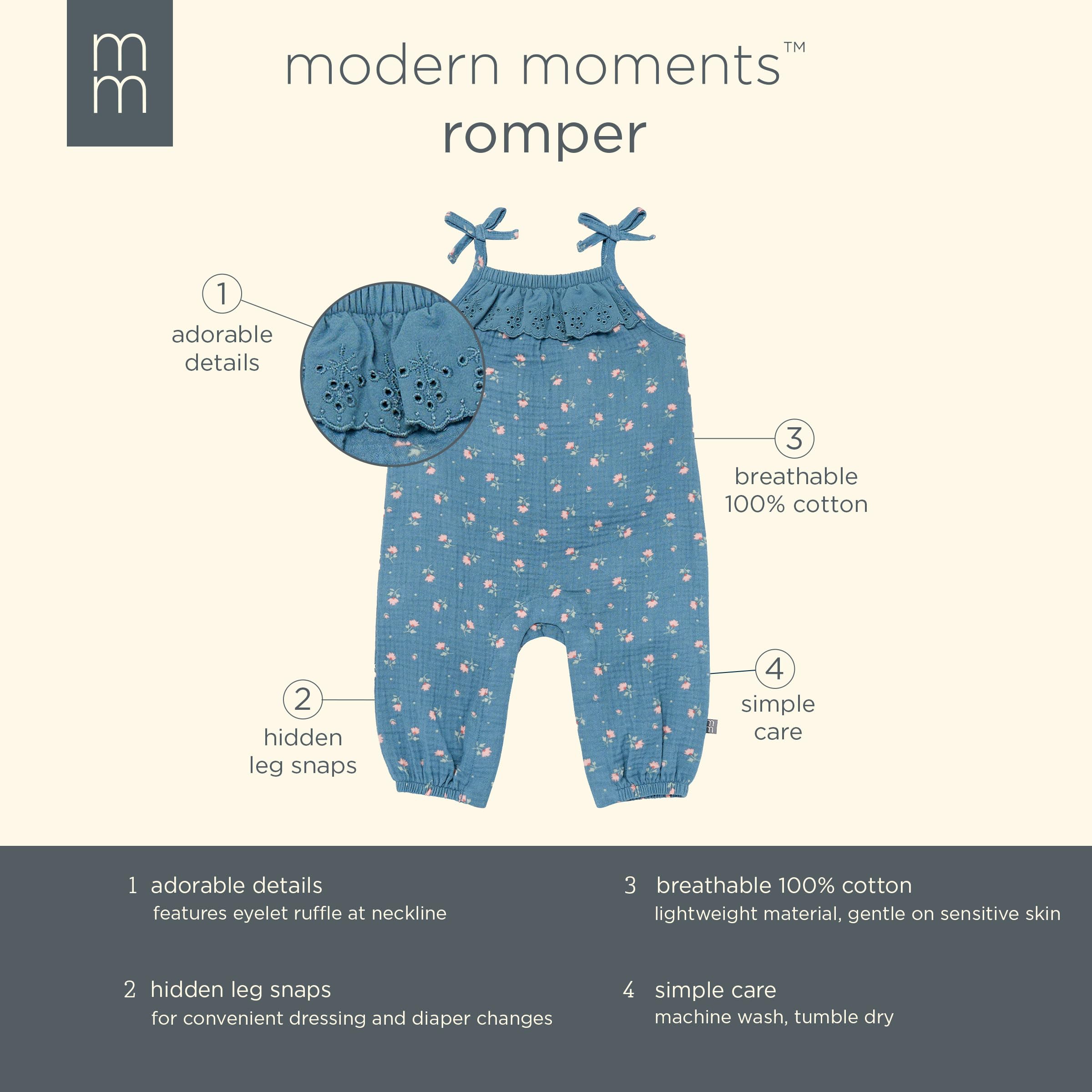 Modern Moments by Gerber Baby Girls' Sleeveless Ruffle Romper, Dark Teal Aster Flower, 6-9 Months