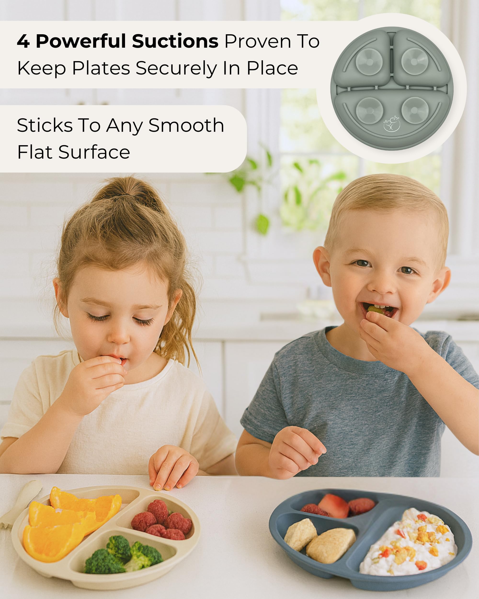 Hippypotamus Suction Plates with Lids for Babies & Toddlers - 100% Food-Grade Silicone - Microwave & Dishwasher Safe - Divided Dinnerware for Picky Eaters That Stays Put - Set of 3 (Pink)