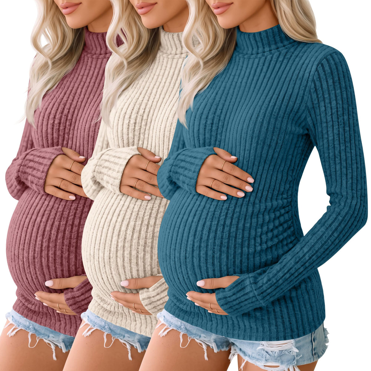 Sweetyweee 3 Pack Women's Maternity Turtleneck Tops, 3-Color, Small