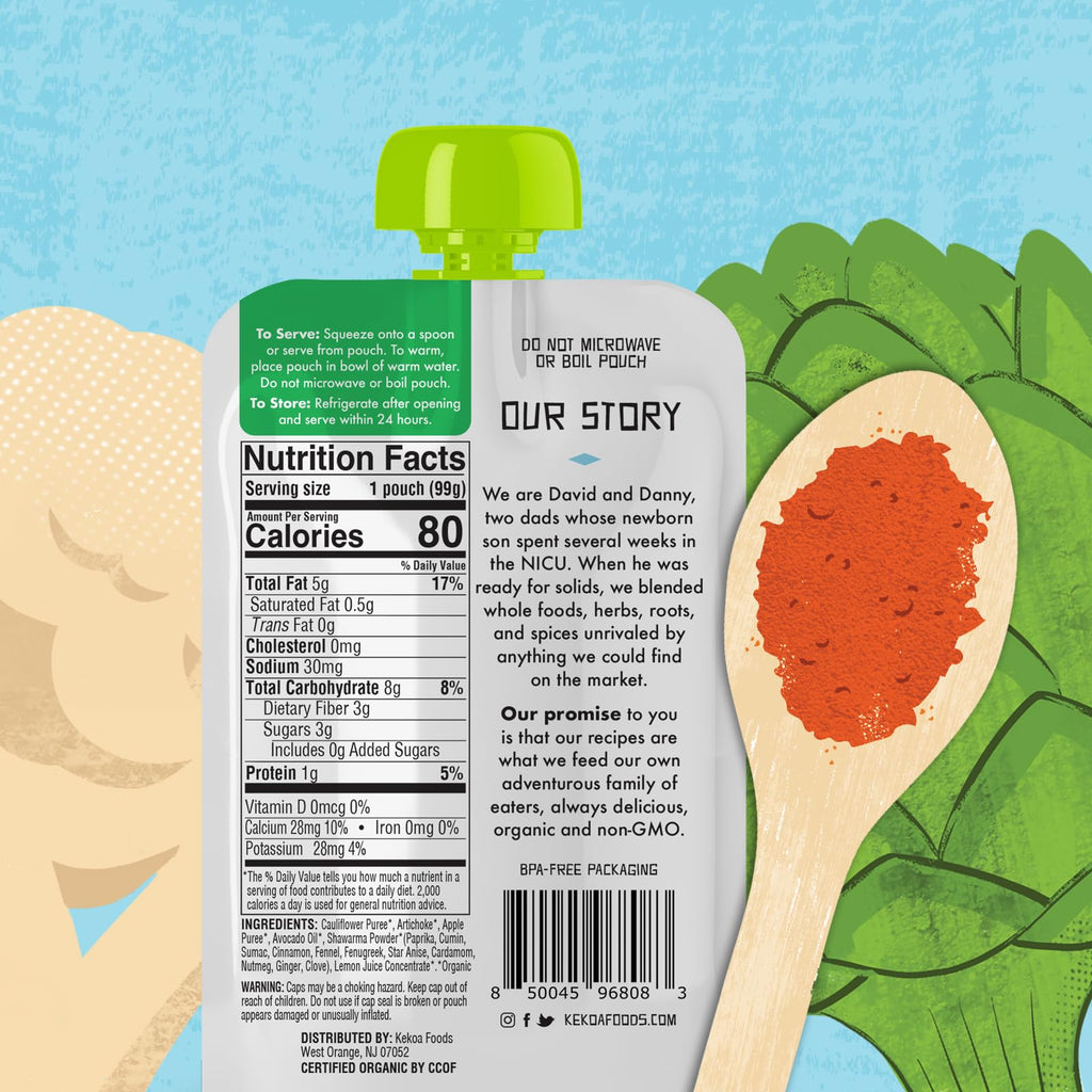 Kekoa Foods Shawarma, Artichoke & Cauliflower Baby Food Purée | 100% USDA Certified-Organic Vegetarian Squeeze Pouch | Organic, Non-GMO, Gluten-Free, Vegan | Nutritious First Food for Babies | 3.5 oz