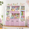 FINETONES Toy Organizers and Storage with 4 Movable Drawers, Large Toy Storage Organizer with 8 Open Storage Cubbies, Kids Bookshelf and Toy Storage with Hidden Wheels for Playroom, Kids Room,Pink