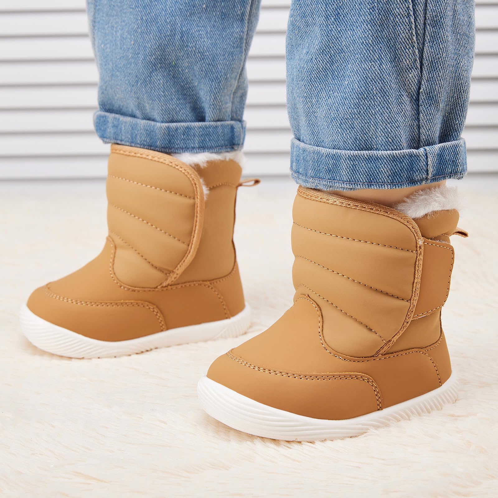 BMCiTYBM Baby Waterproof Snow Boots Infant Boy Girl Winter Booties Nonslip Lightweight Outdoor Warm Shoes for First Walkers 6 9 12 18 24 Months Camel Size 12-18 Months Toddler