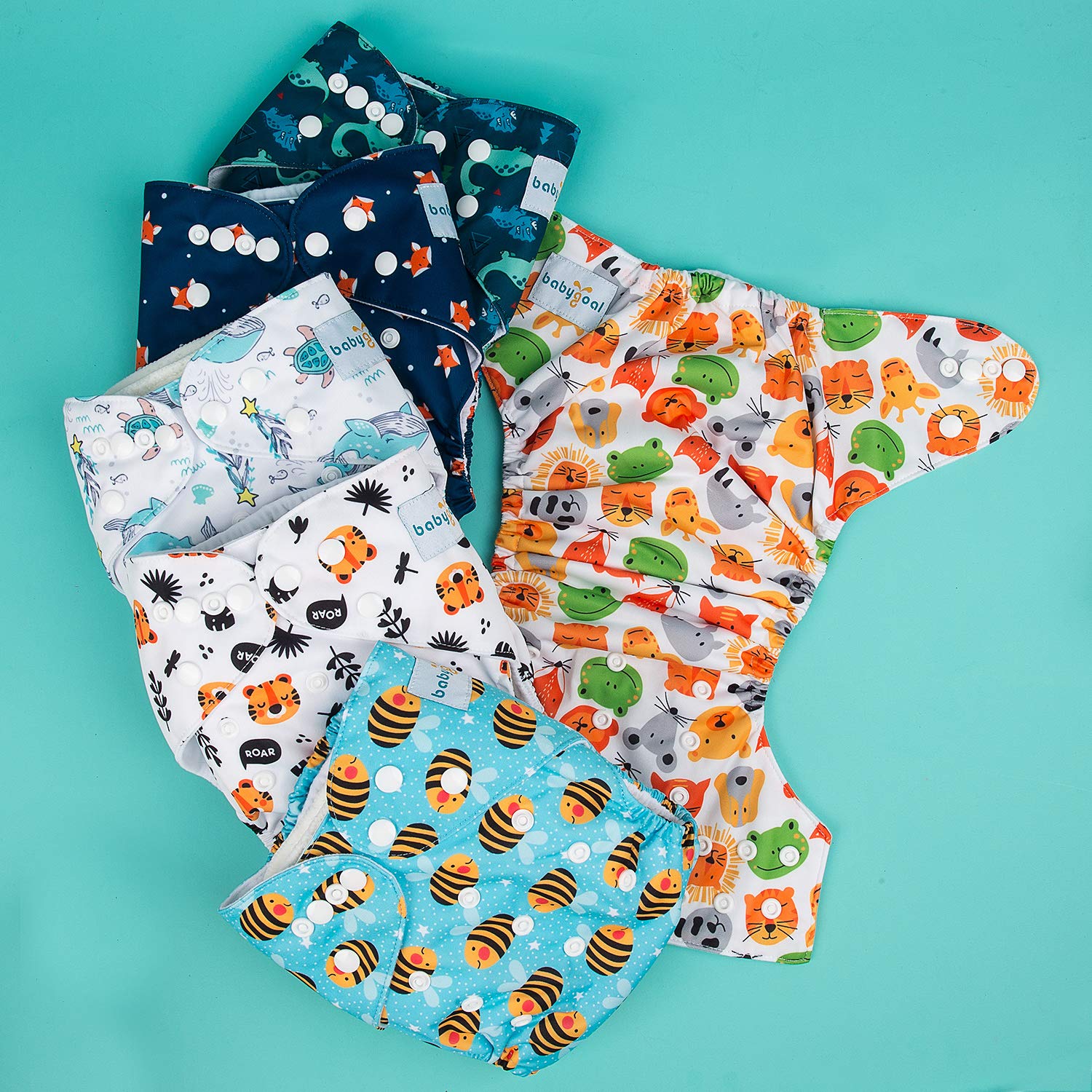babygoal Reusable Cloth Diapers 6 Pack with 10pcs Inserts, One Size Adjustable Washable Pocket Nappy Covers for Baby Boys and Girls 6FB12