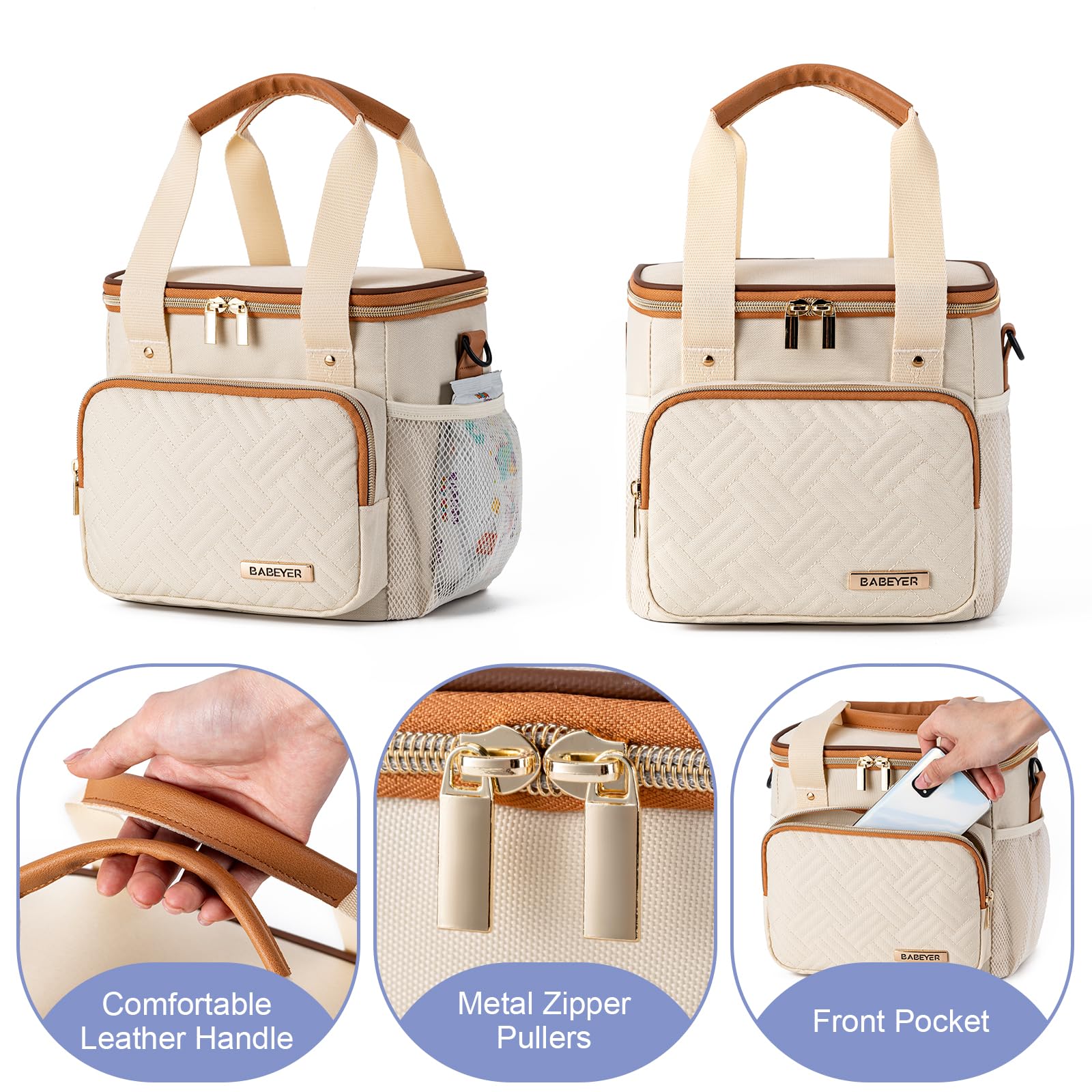 BABEYER Breastmilk Cooler Bag with Ice Pack Fits 6 Baby Bottles up to 9 Ounce, Breast Milk Pump Cooler Bag for Nursing Mom Daycare, Work, Travel-Cream