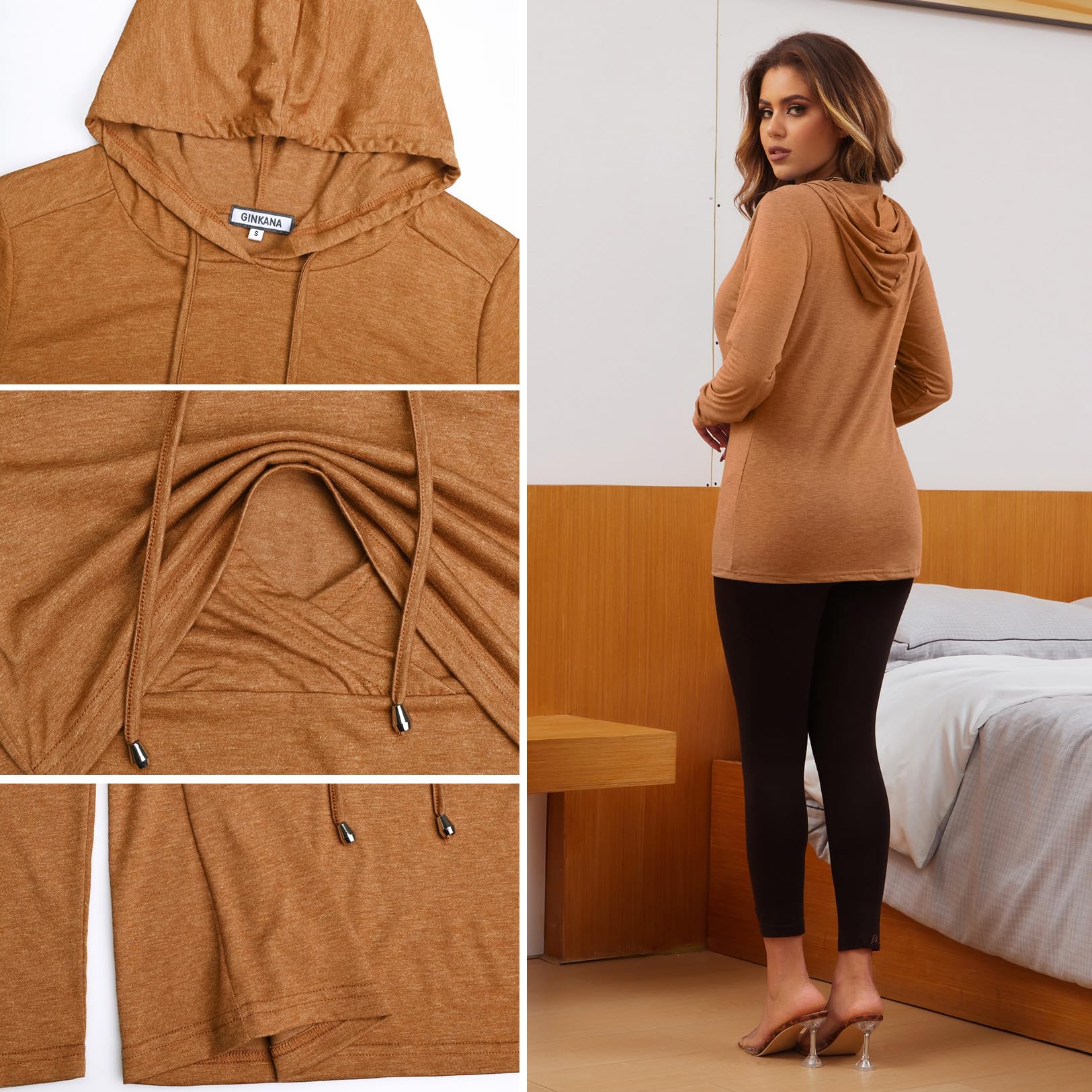 GINKANA Women's Maternity Nursing Shirt Pullover Hoodie Long Sleeves Sweatshirt Casual Nursing Shirt Top,Deep Orange,XL