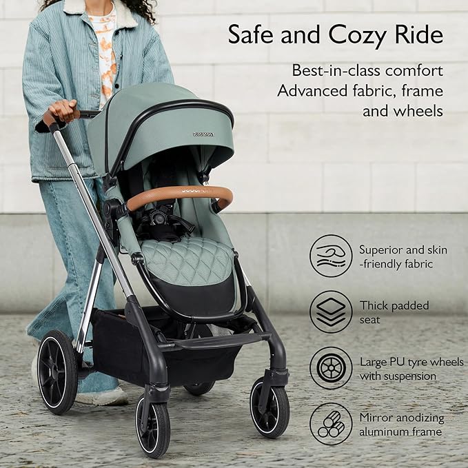 Beberoad Love RX 3-in-1 Baby Stroller, Toddler Stroller, Foldable Infant Stroller, Reversible Toddler Seat with Organizer, Rain Cover, Sunshade & Mosquito 2 in 1 Cover and Large Storage Basket (Green)