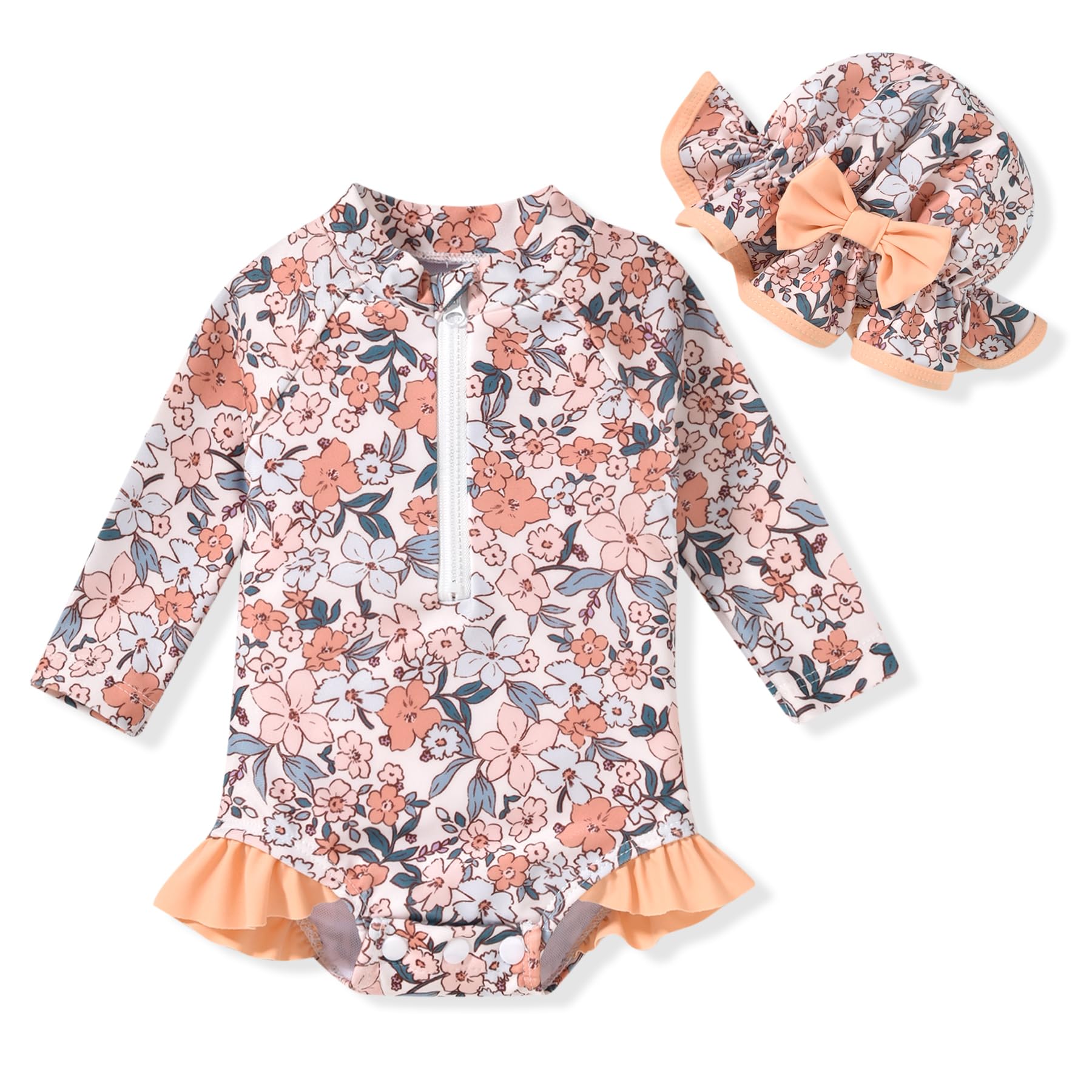 Infant Baby Girls Long Sleeve One Piece Swimsuit Bathing Suit Zip Up Swimwear Beach Wear 3-6 Months Floral