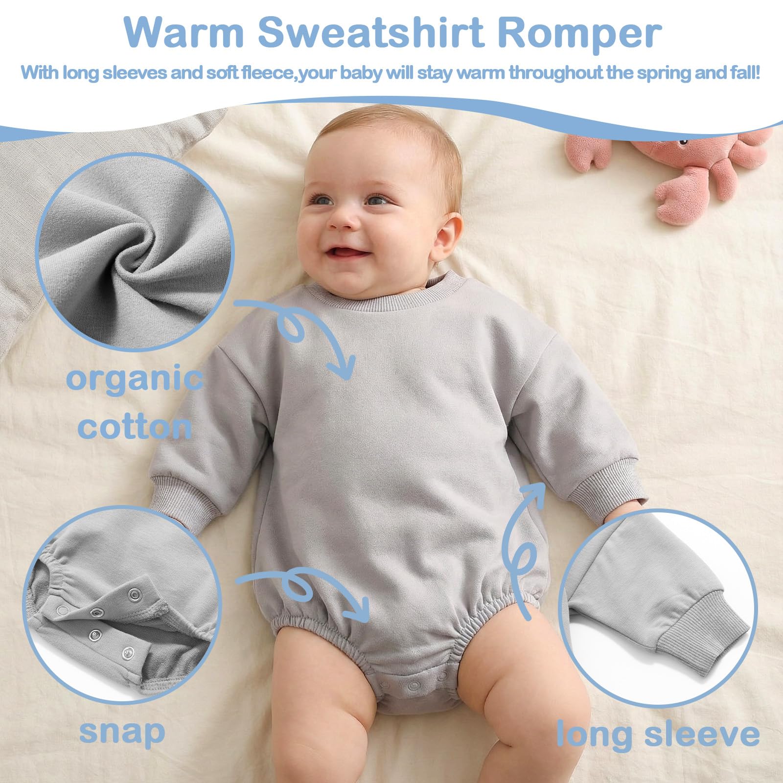 Bafeicao Baby Boy Girl Sweatshirt Romper Bubble Romper,Grey,3-6M