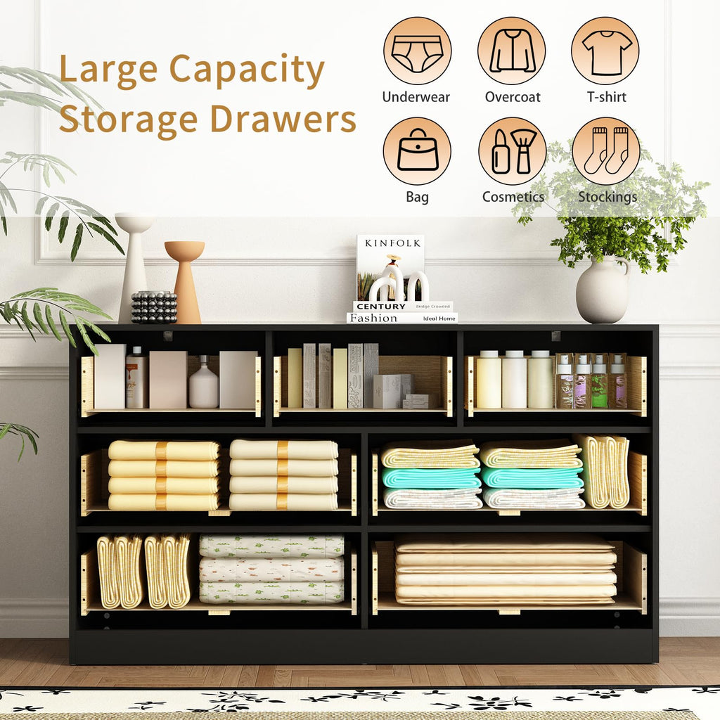 Sscaktu 7 Drawer Fluted Dresser with Deep Drawers for Bedroom, Black丨55 Wide Mid Century Dresser, Modern Chest of Drawers, Wood TV Stand Storage Organizer for Closet, Living Room, Hallway