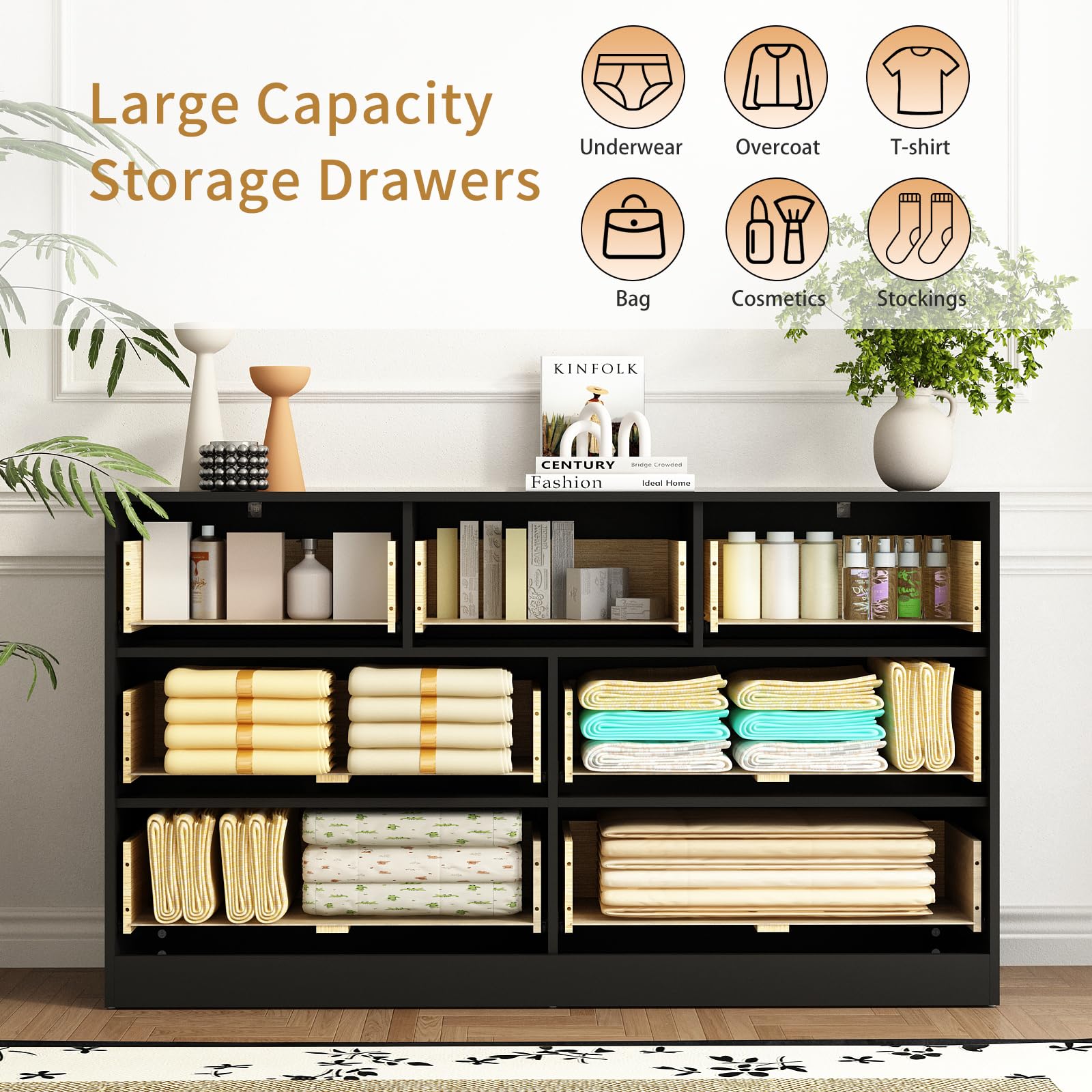 Sscaktu 7 Drawer Fluted Dresser with Deep Drawers for Bedroom, Black丨55 Wide Mid Century Dresser, Modern Chest of Drawers, Wood TV Stand Storage Organizer for Closet, Living Room, Hallway