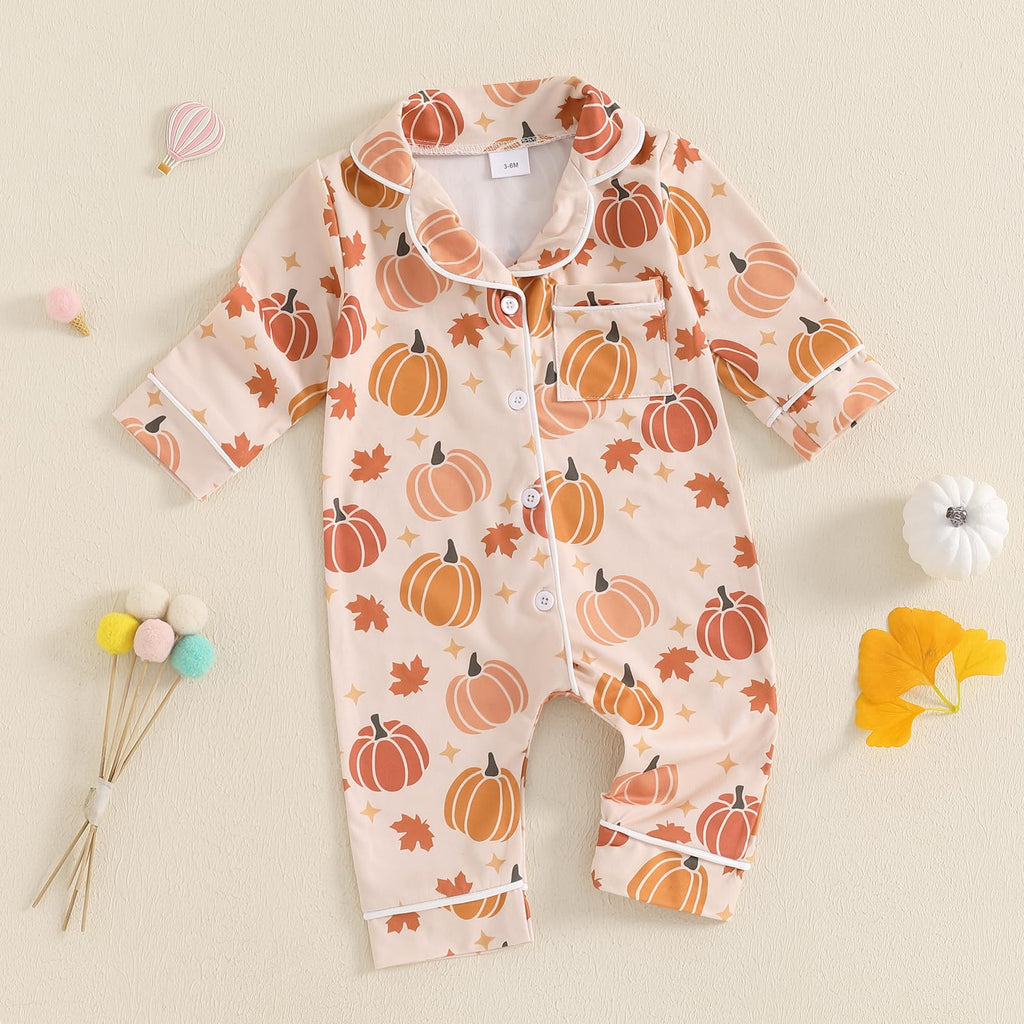 Balaflyie Baby Girl Button Down Pajamas Romper One-Piece Jumpsuit Long Sleeve Sleeper Infant Sleepwear (Pumpkin&Yellow,0-3 Months)