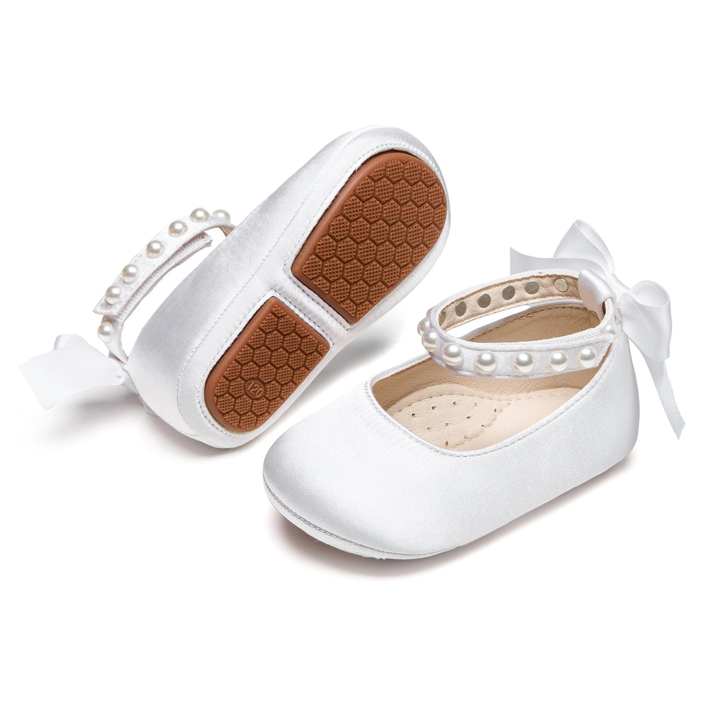 PHIRAMIN Baby Girls Satin White Mary Jane Flats - Infant 12-18 Months Walking Shoes Soft Rubber Sole Princess Wedding