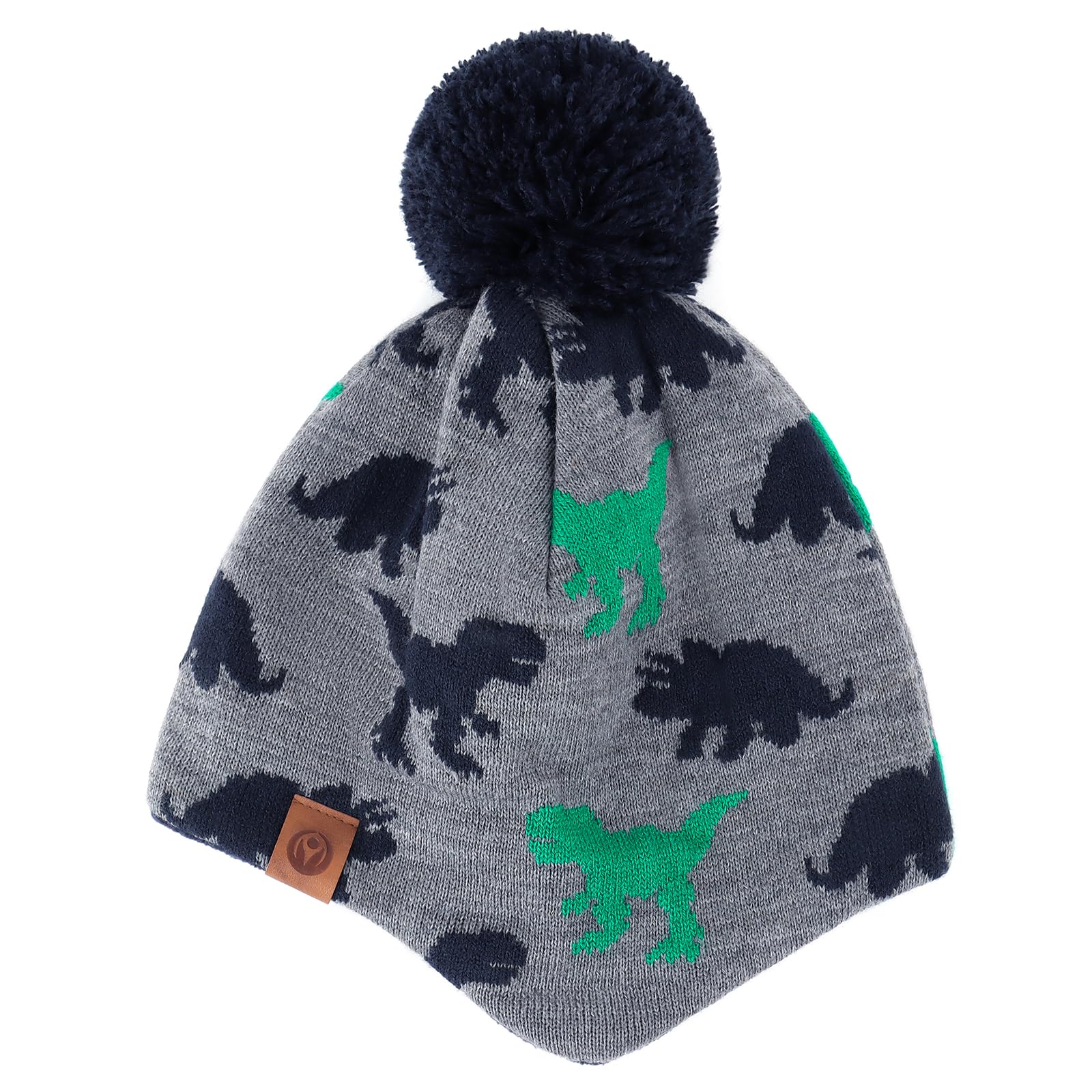 Duoyeree Kids Beanie Dinosaur Pom Pom Knit Winter Hat Fleece Lined for 1-7T