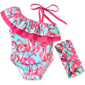 0-6 Months Baby Girls One Piece Swimsuits Infant Flamingo Bathing Suit Off Shoulder Swimwear Swimming Beach Wear with Headband
