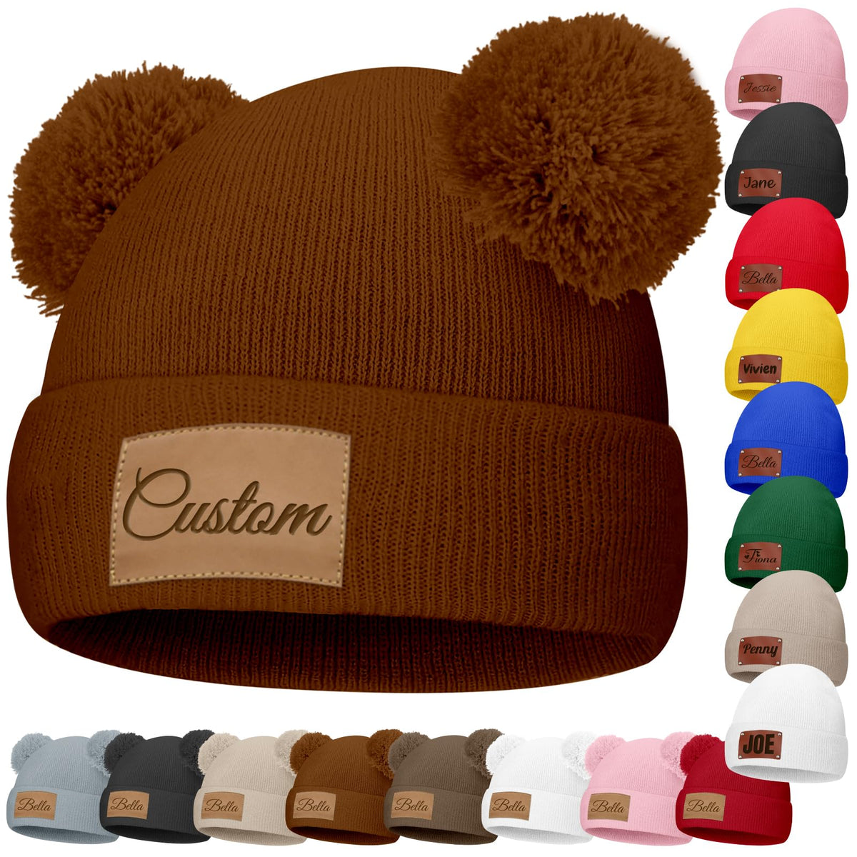 Custom Baby Beanies Personalized Toddler Winter Hats Name Leather Patch Kids Knit Warm Hat for Infant Boys Girls Adult Grey