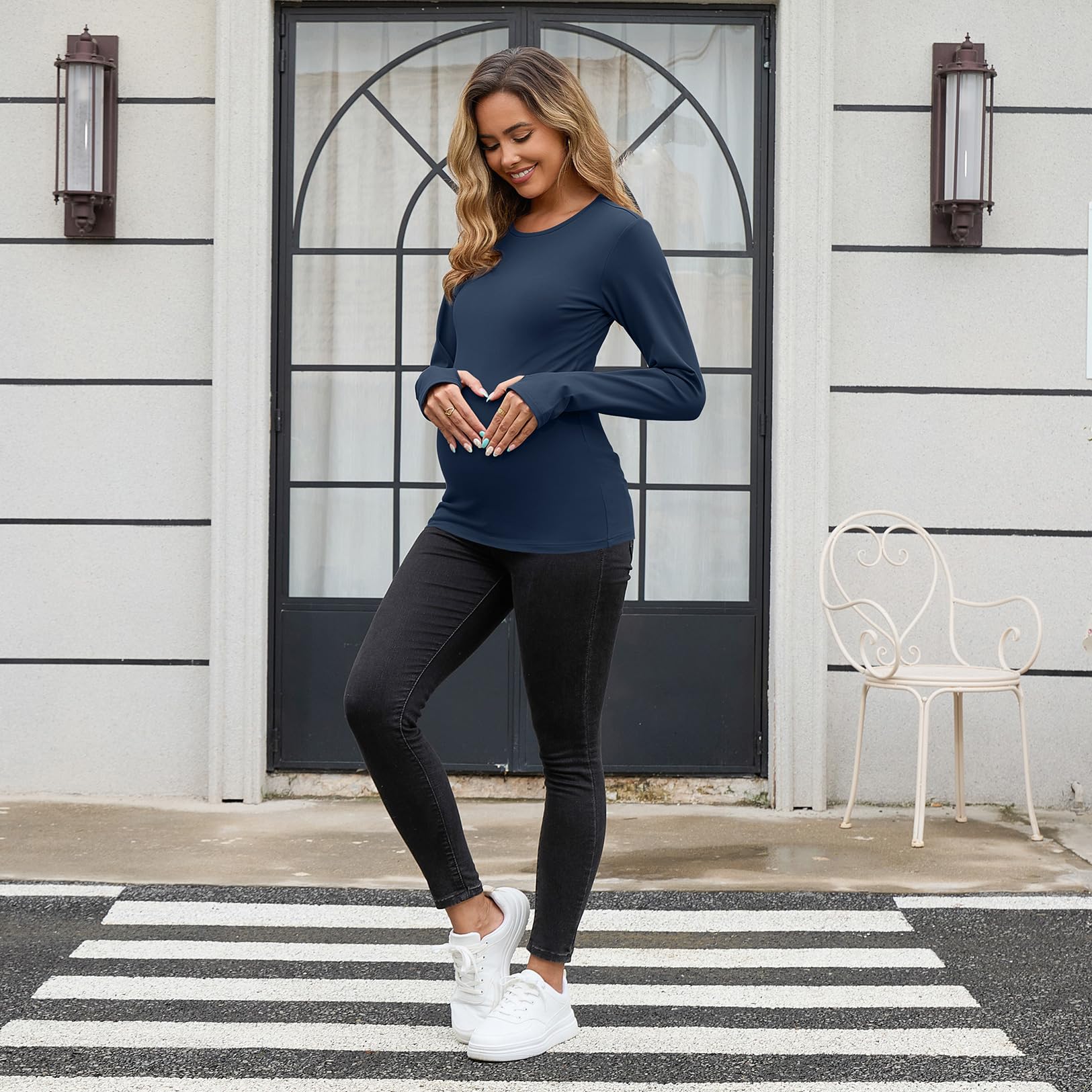 GINKANA Maternity Workout Tops Long Sleeve Scoop Neck Pregnancy Yoga Shirts Thumb Holes Mama Clothes,Dark Blue,M