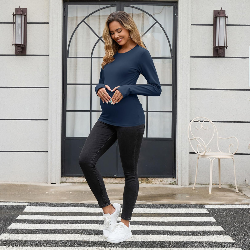 GINKANA Maternity Workout Tops Long Sleeve Scoop Neck Pregnancy Yoga Shirts Thumb Holes Mama Clothes,Dark Blue,M