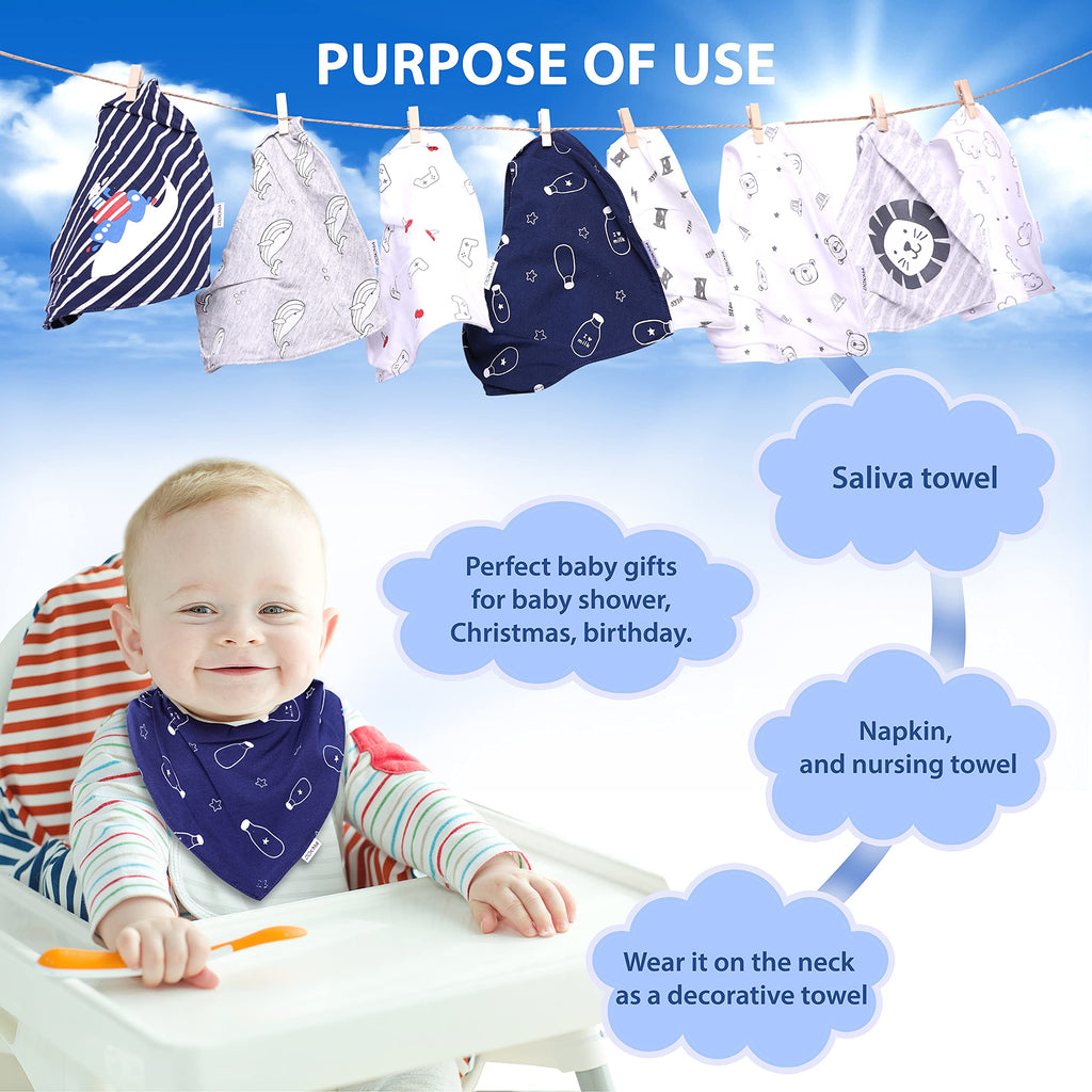 DOKMA 8-Pack Organic Cotton Baby Bandana Drool Bibs for Boys - Teething Bibs for Infant, Toddler, Soft Cotton, Super Absorbent, No Scratch- White, Grey, Blue, Green