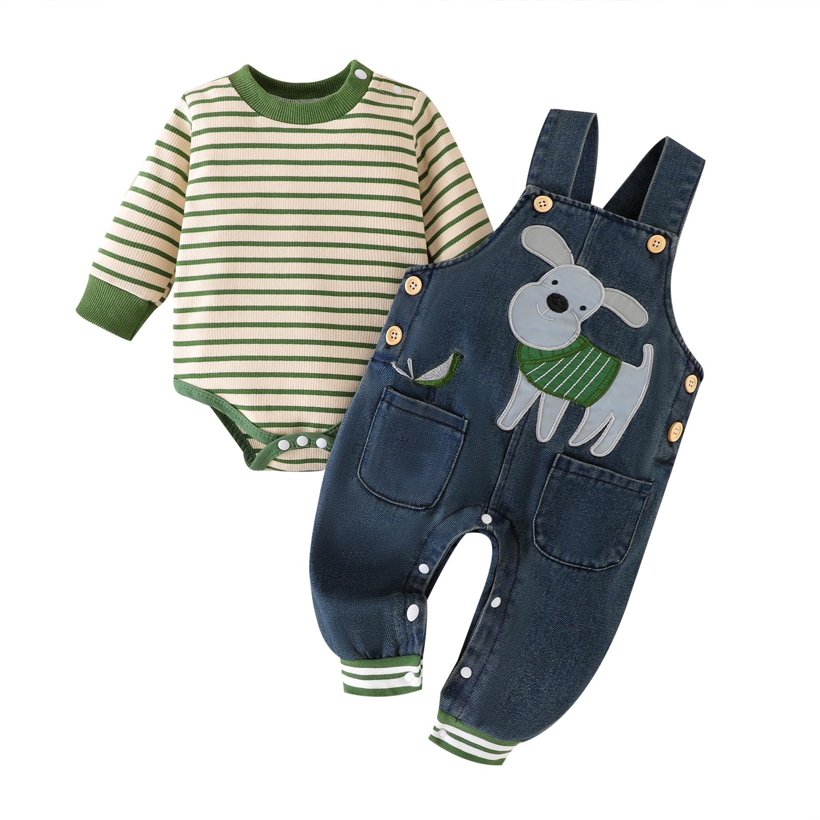 9-12 Month Boy Clothes Baby Fall Winter Outfits Infant Long Sleeve Striped Romper Cute Dog Cartoon Button Jeans Overalls Pants Set Green 9-12 Months