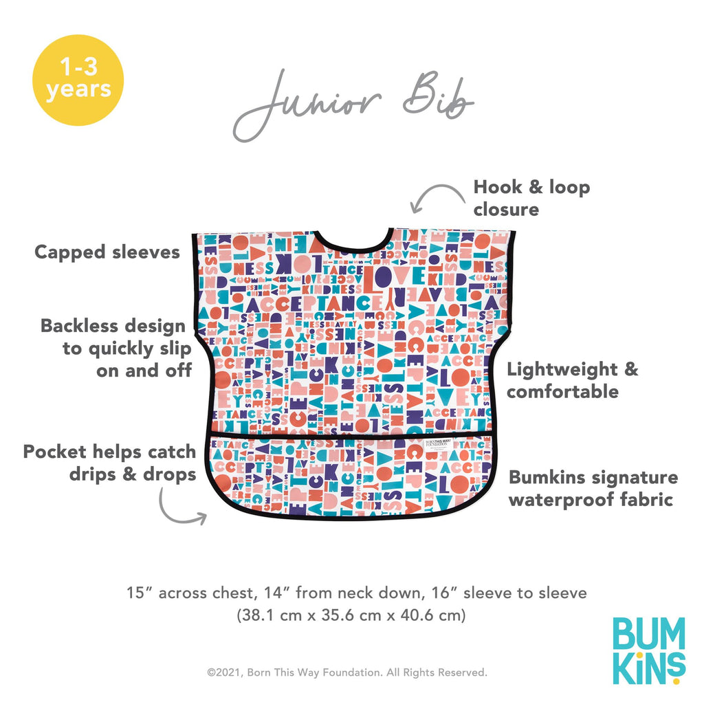Bumkins Short Sleeve Bib for Girl or Boy, Toddler and Kids for 1-3 Years, Large Size, Essential Must Have for Junior Children, Eating, Mess Saving Soft Fabric Apron for Play, Born This Way Kindness