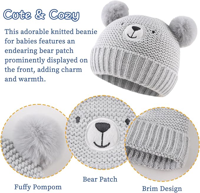 JANGANNSA Cute Bear Baby Beanie Pompom Baby Boys Hat Infant Toddler Winter Knitted Beanies for Girls