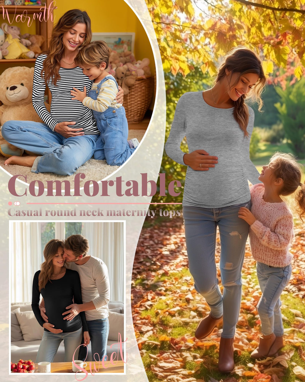 Ficerd 3 Pack Women's Maternity Long Sleeve Shirts, 3-Color Set, Small