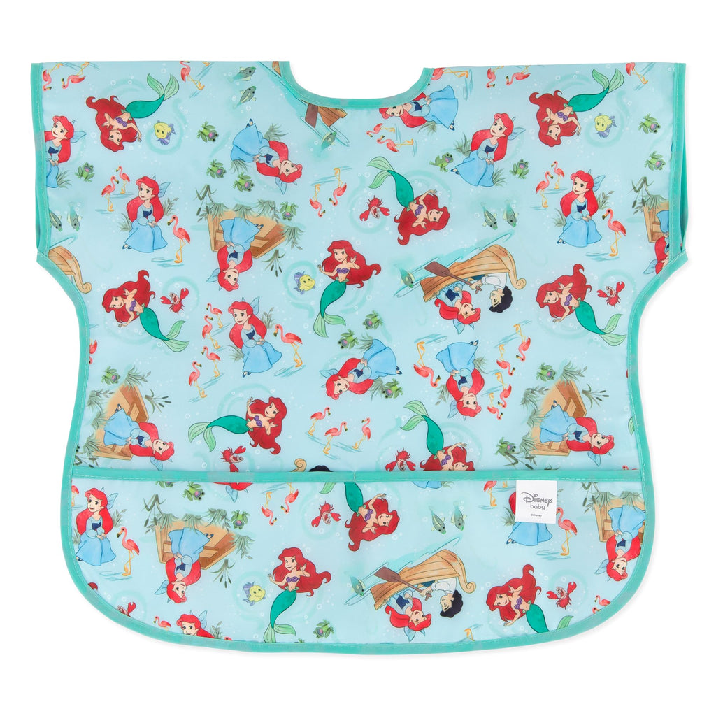 Bumkins Disney Short Sleeve Bib for Girl or Boy, Toddler and Kids for 1-3 Years, Large Size, Essential Must Have for Junior Children, Eating, Mess Saving Soft Fabric Apron for Play, Ariel