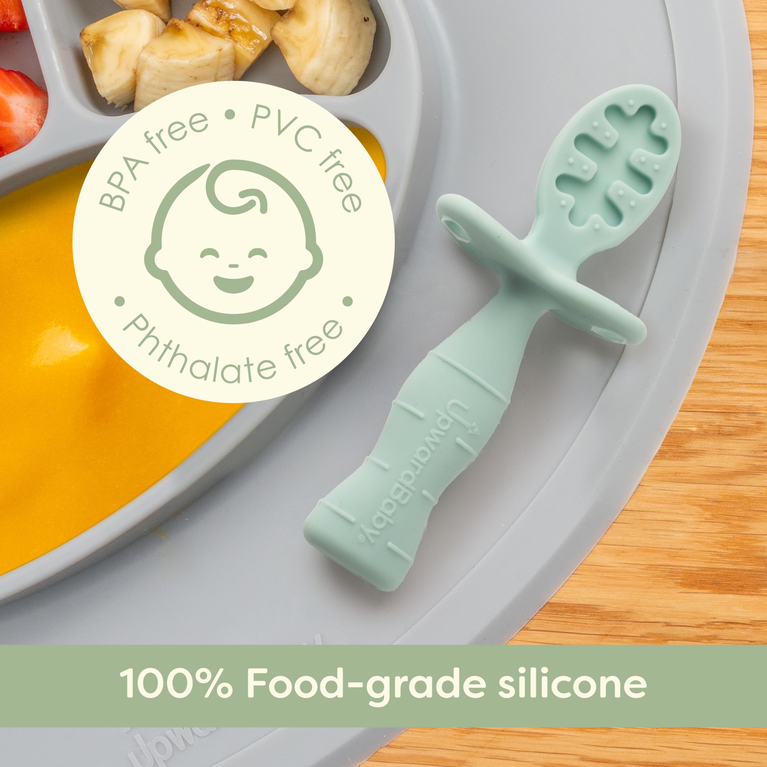 Upward Baby Silicone Baby Feeding Spoon with Anti Choke Barrier - Baby Spoons Self Feeding 6 Months, First Stage Infant Supplies and Toddler Utensils, Baby Led Weaning Soft-Tip Training Spoon, 3 Pack
