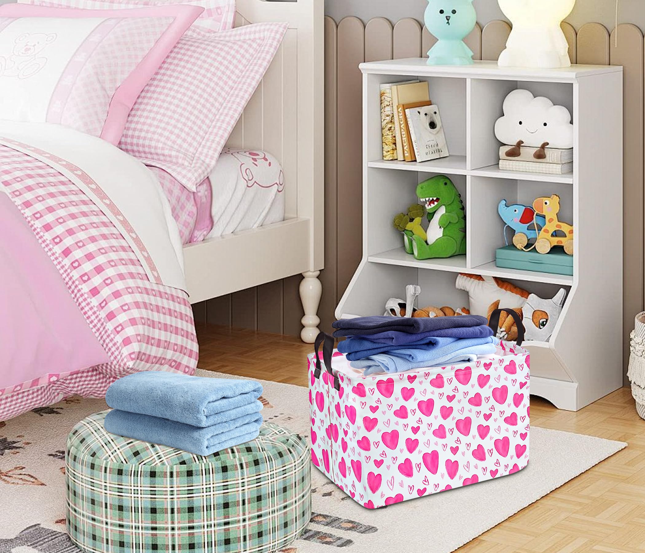 DUYIY Rectangle Gift Storage Basket Home Shelf Storage Basket Organizer Box Clothes Laundry Hamper Nursery Basket Laundry Basket with Handles (Heart)