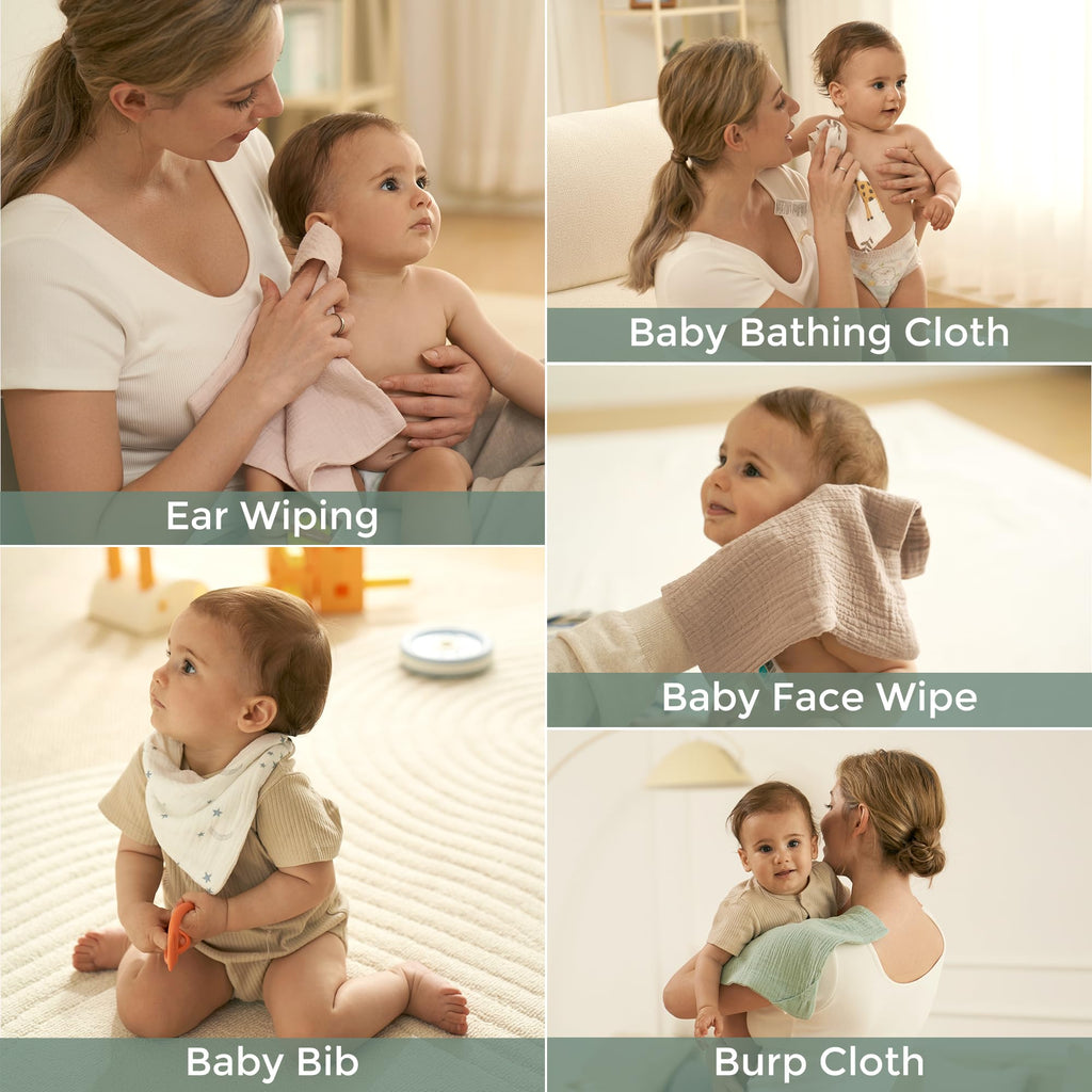 Momcozy Baby Washcloths - 4 Layer Design| Medium Thickness| Soft & Absorbent| Premium Cotton for Newborns' Skin-Great for Bathing, Wiping & on-the-go Use, Shower Gift and Essential(5 Pack, 10x10 inch)